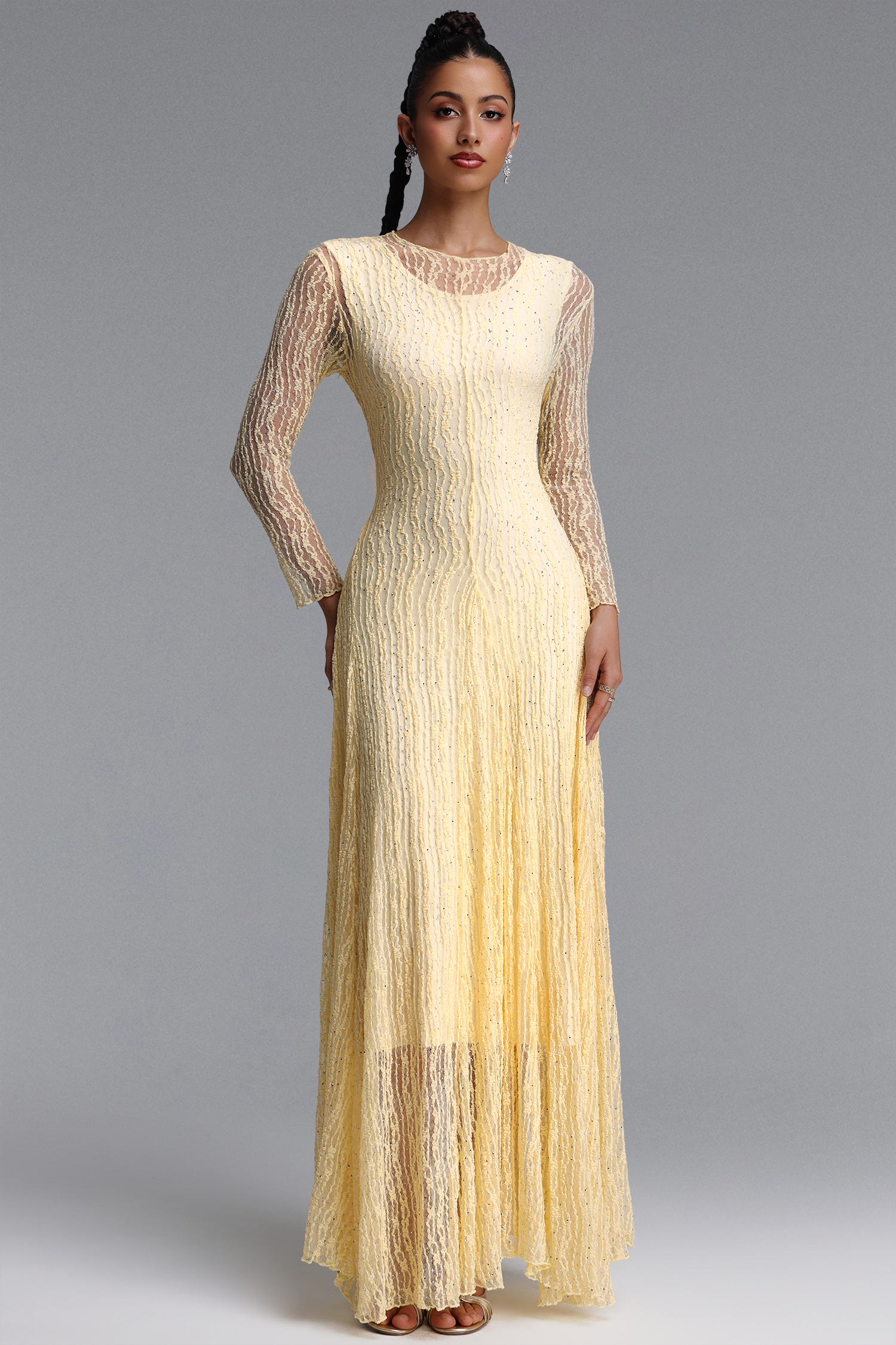Taylor Elegant Contour Long Sleeve Diamond Draped Lace Apricot Maxi Dress