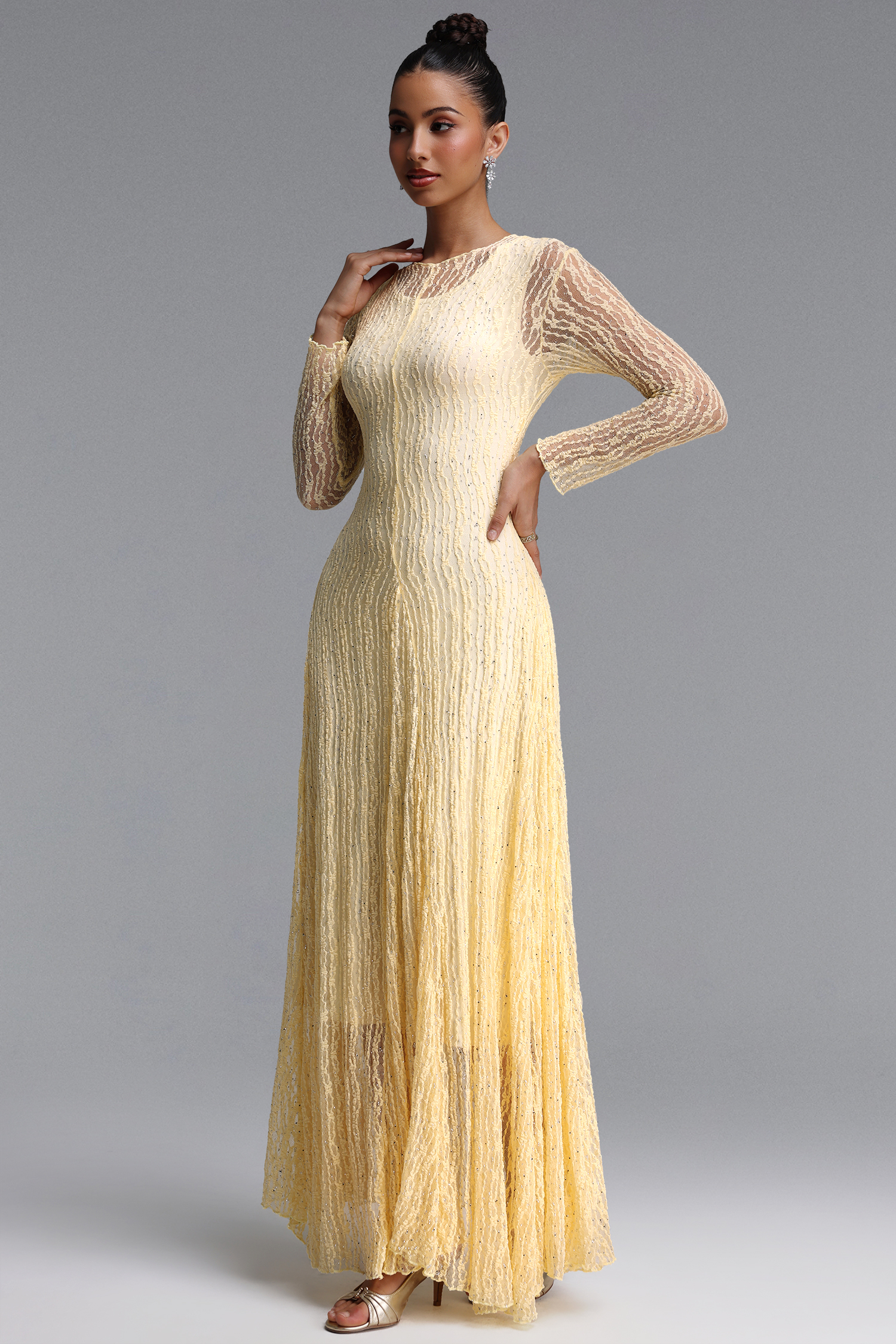 Taylor Elegant Contour Long Sleeve Diamond Draped Lace Apricot Maxi Dress