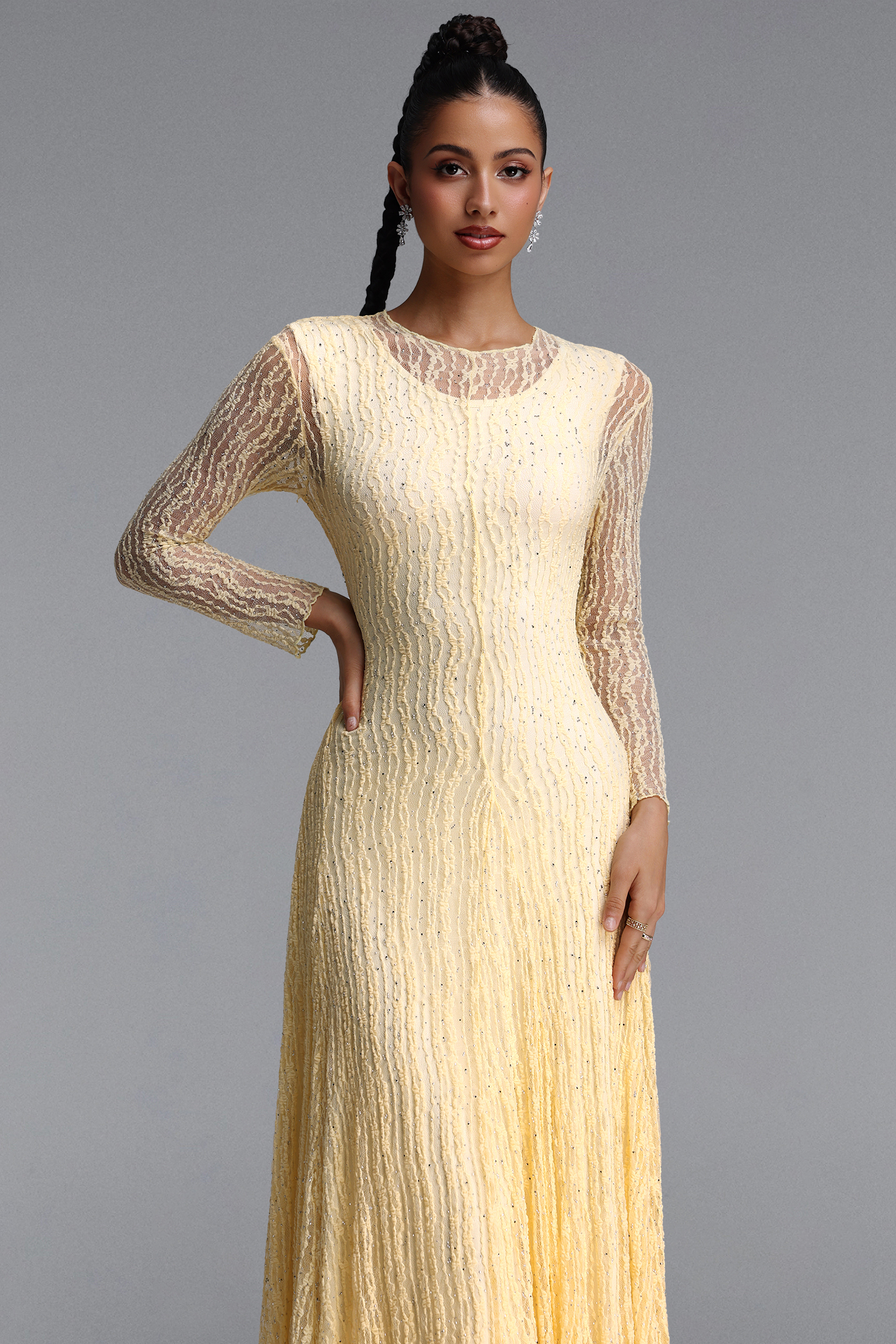 Taylor Elegant Contour Long Sleeve Diamond Draped Lace Apricot Maxi Dress