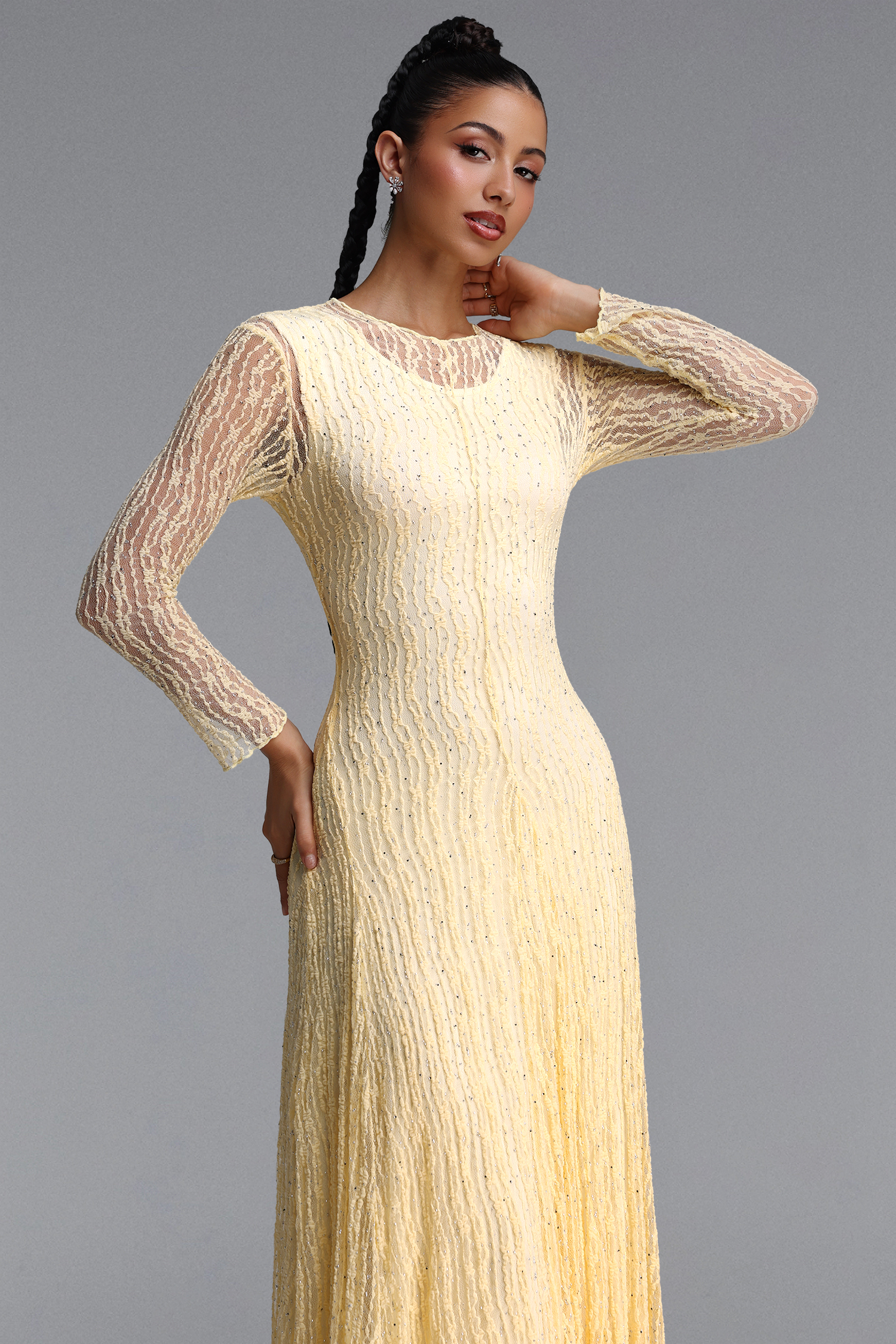 Taylor Elegant Contour Long Sleeve Diamond Draped Lace Apricot Maxi Dress