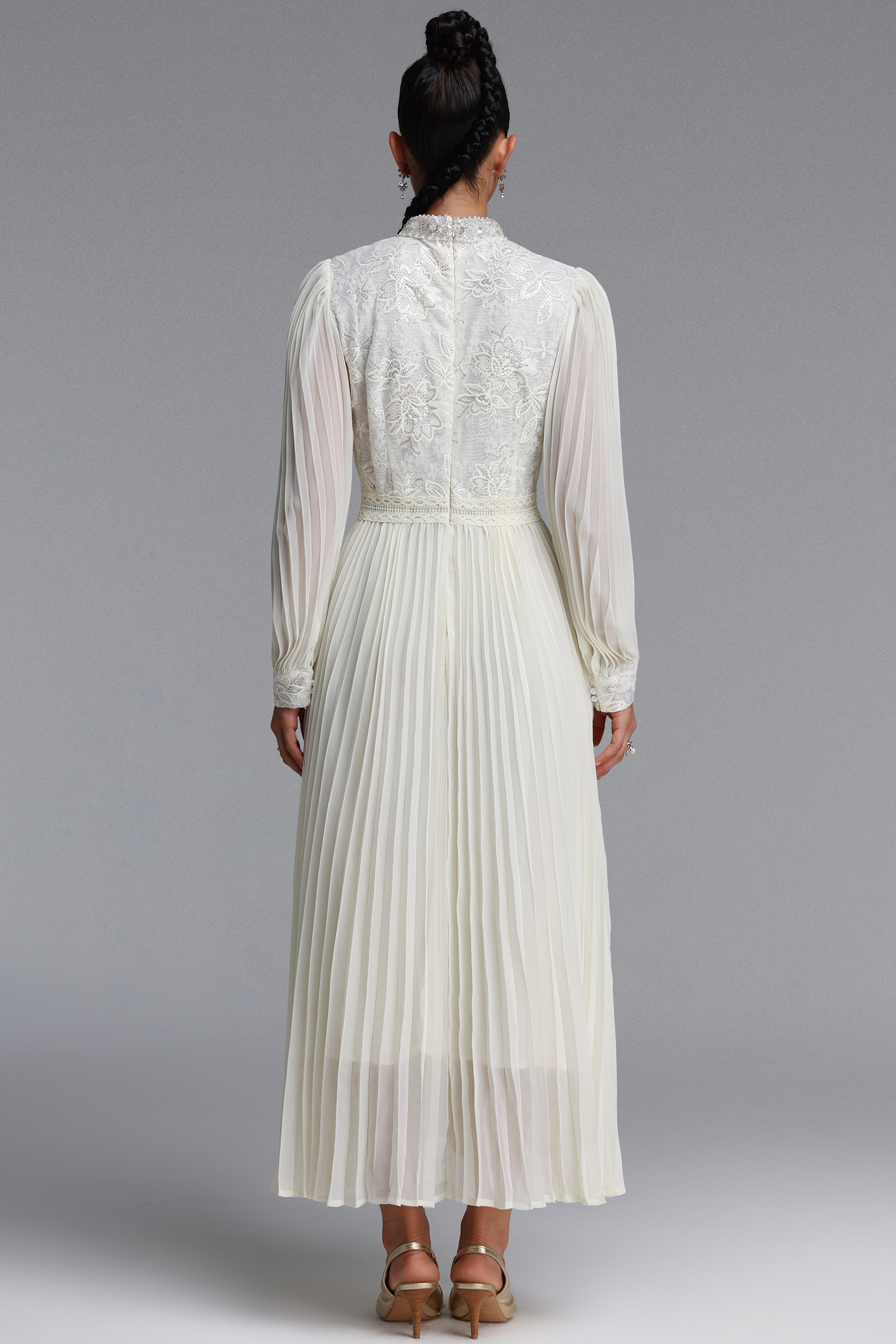 Hunter Romantic Flowy Floral Embroidered Sequin Pleated Chiffon Maxi Dress