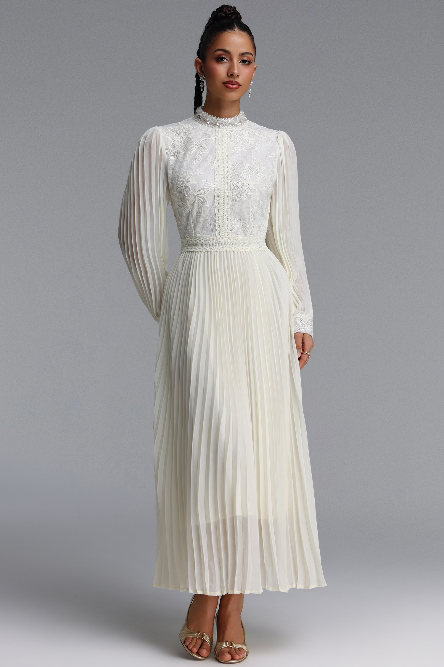 Hunter Romantic Flowy Floral Embroidered Sequin Pleated Chiffon Maxi Dress