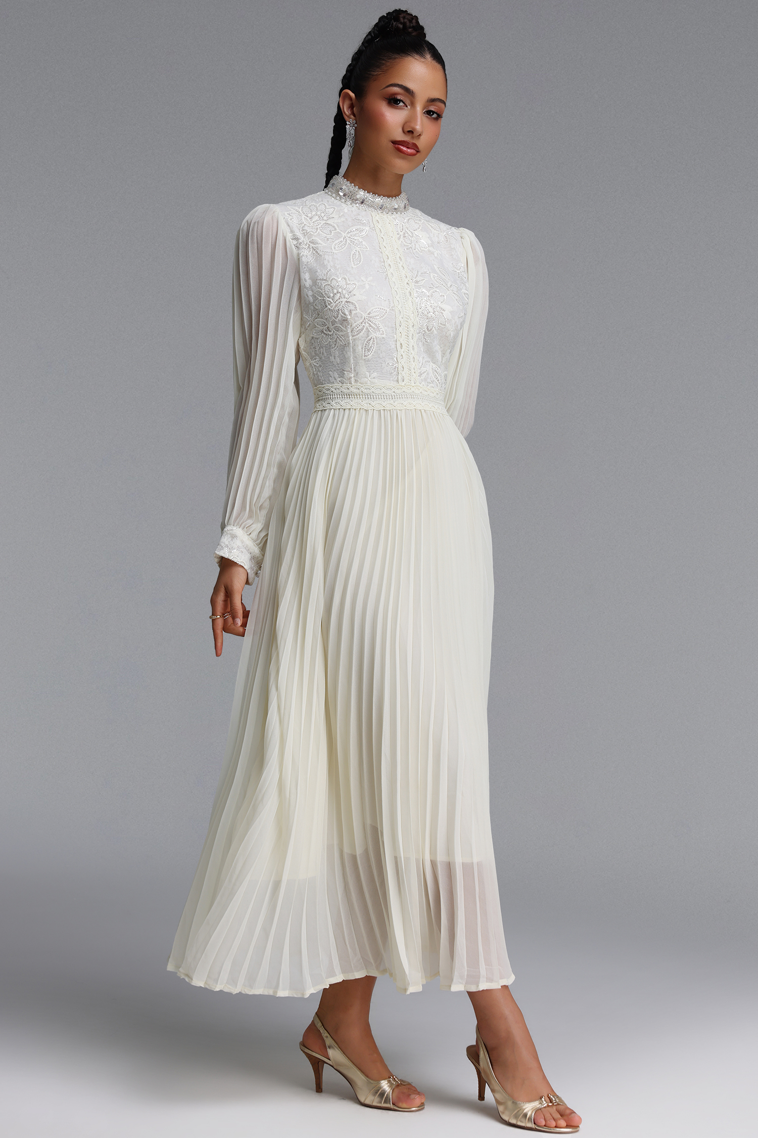 Hunter Romantic Flowy Floral Embroidered Sequin Pleated Chiffon Maxi Dress