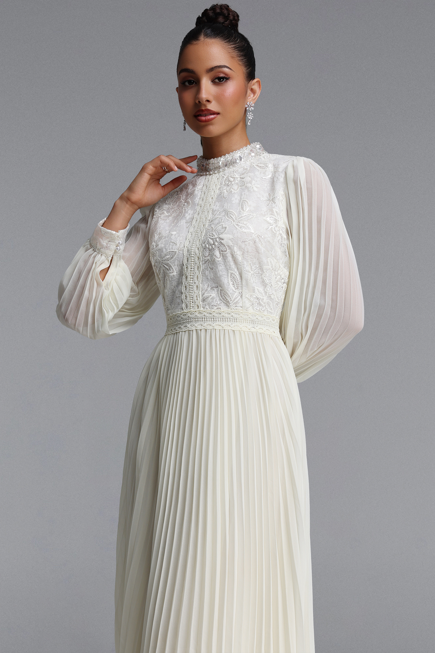 Hunter Romantic Flowy Floral Embroidered Sequin Pleated Chiffon Maxi Dress