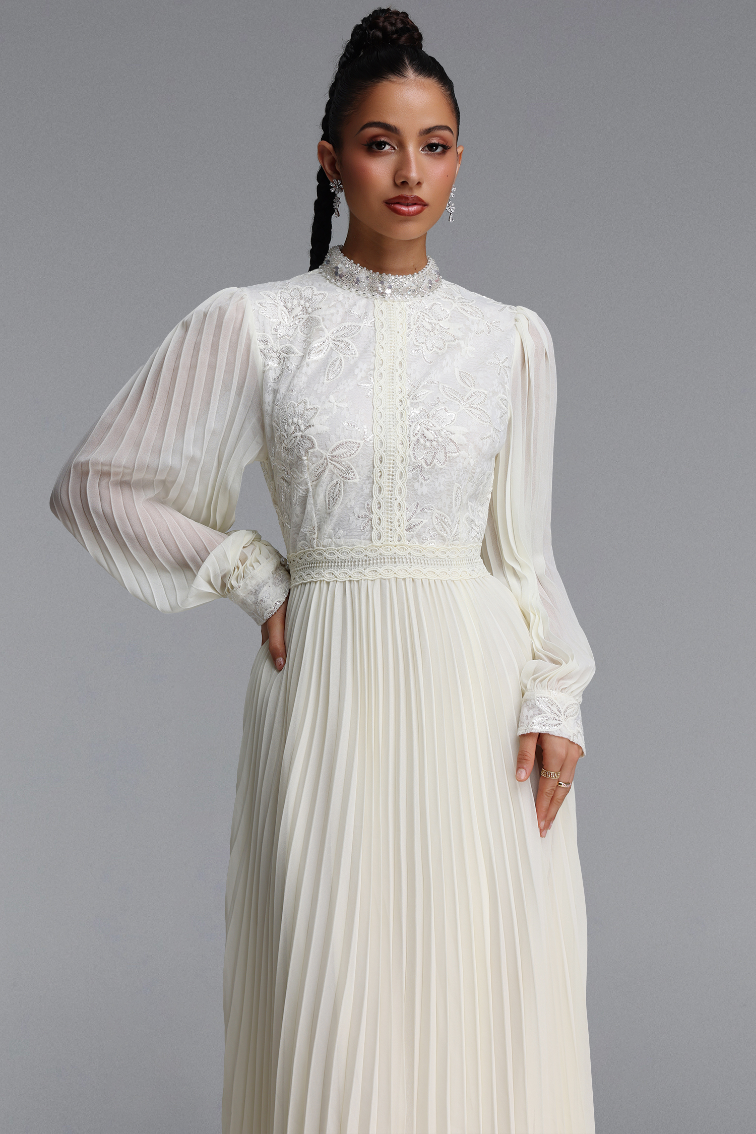 Hunter Romantic Flowy Floral Embroidered Sequin Pleated Chiffon Maxi Dress