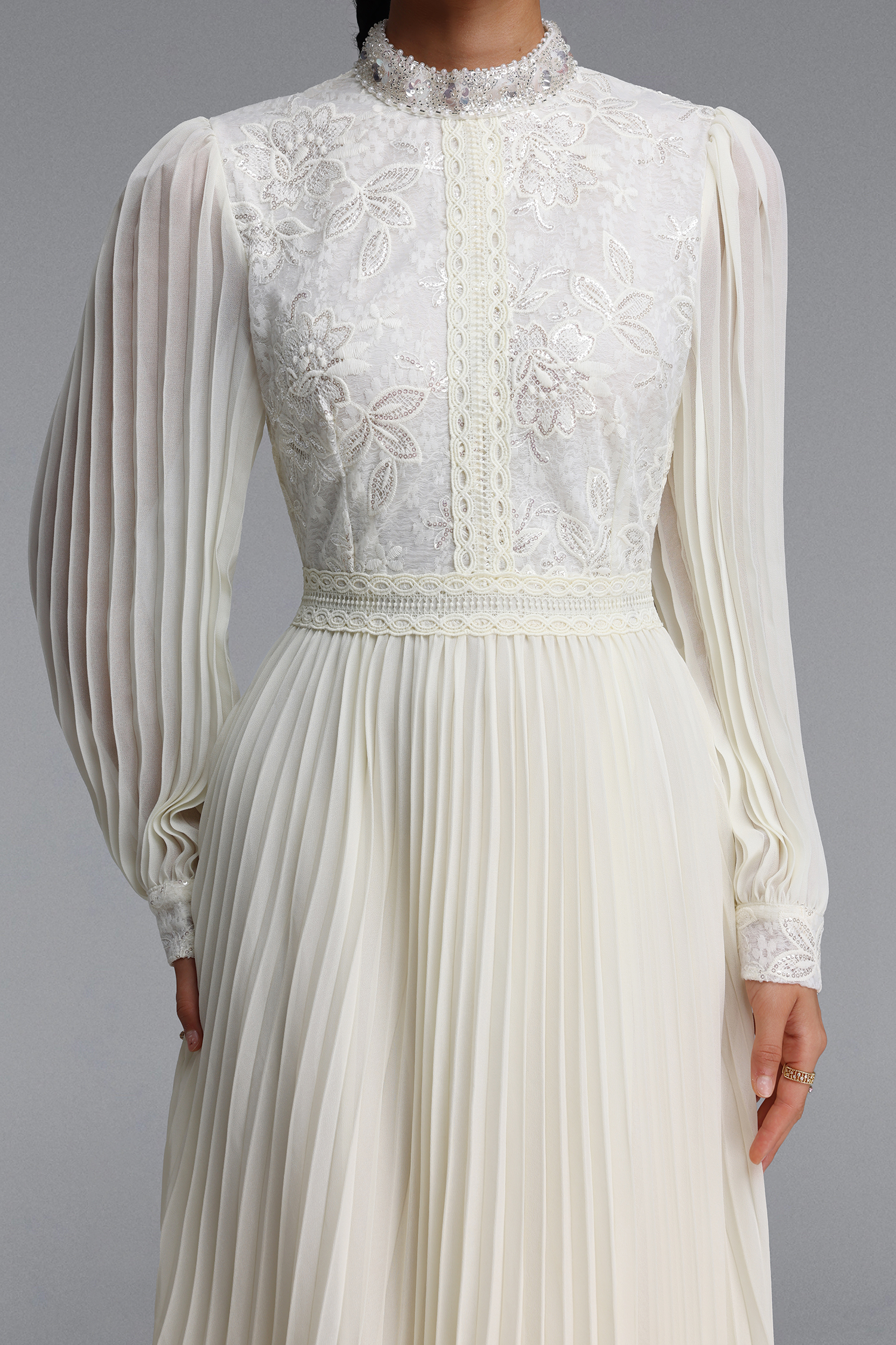 Hunter Romantic Flowy Floral Embroidered Sequin Pleated Chiffon Maxi Dress