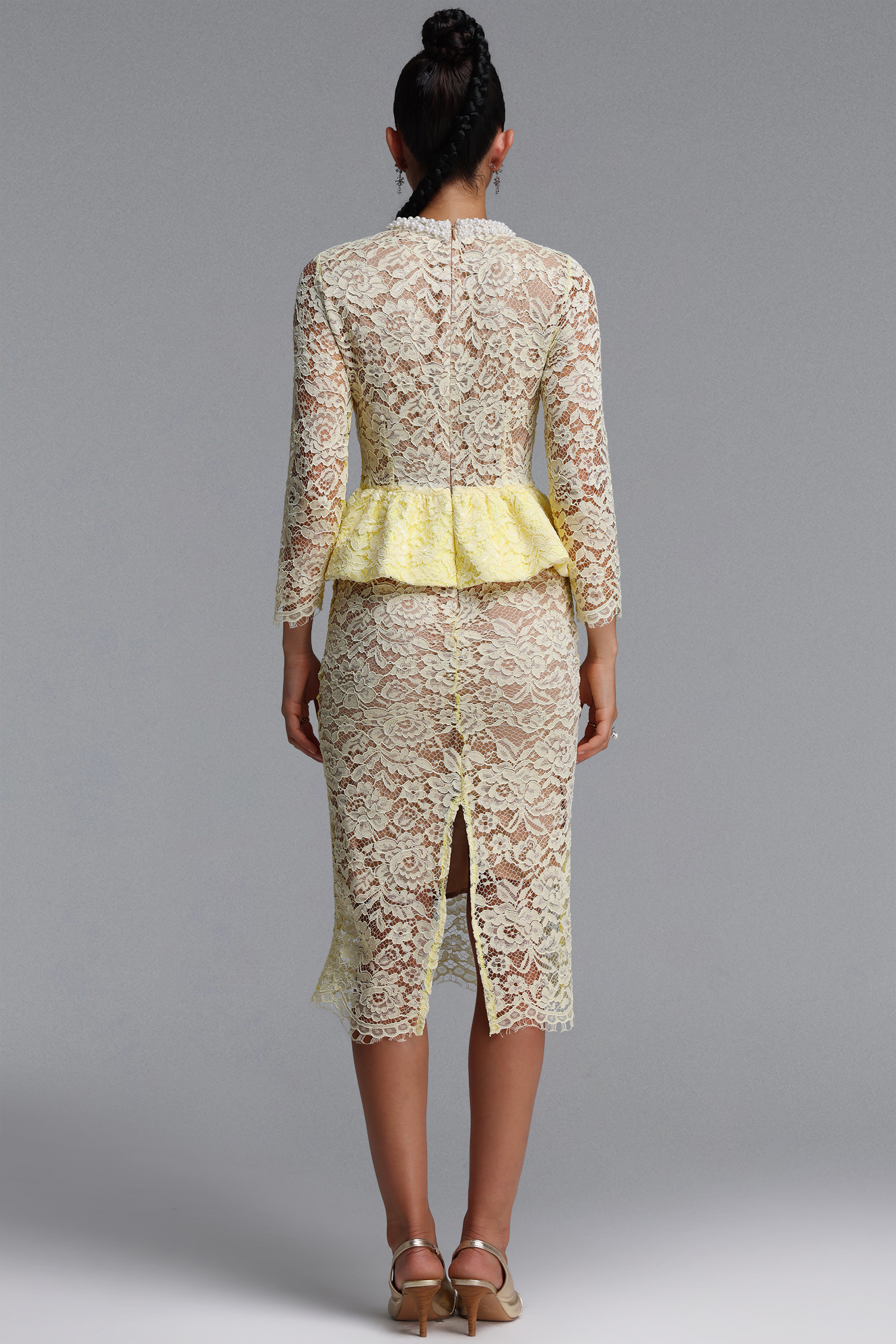 Ierra Romantic Contour Round Neck Long Sleeve Pearl Ruffle Floral Lace Midi Dress