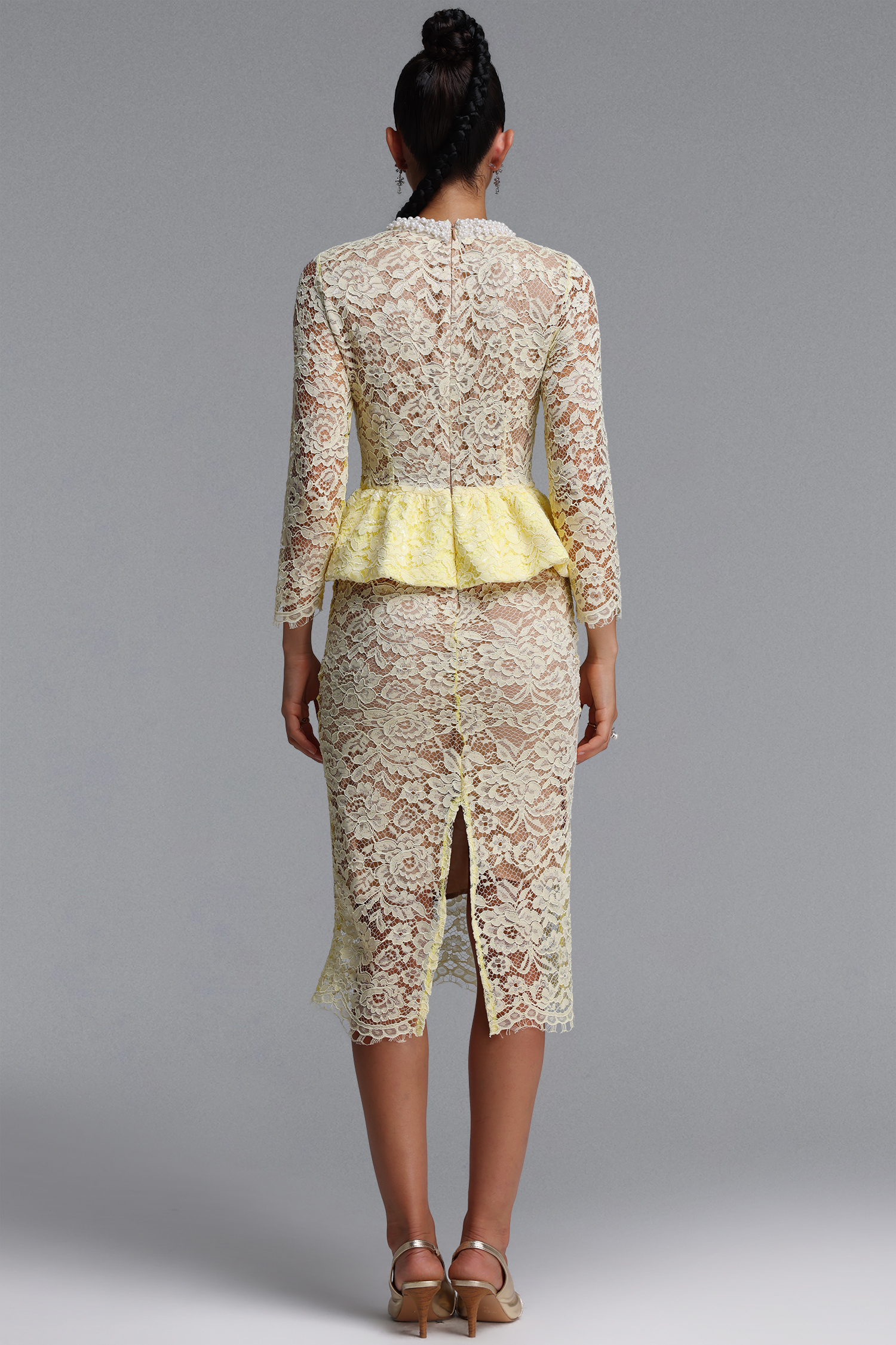 Ierra Romantic Contour Round Neck Long Sleeve Pearl Ruffle Floral Lace Midi Dress