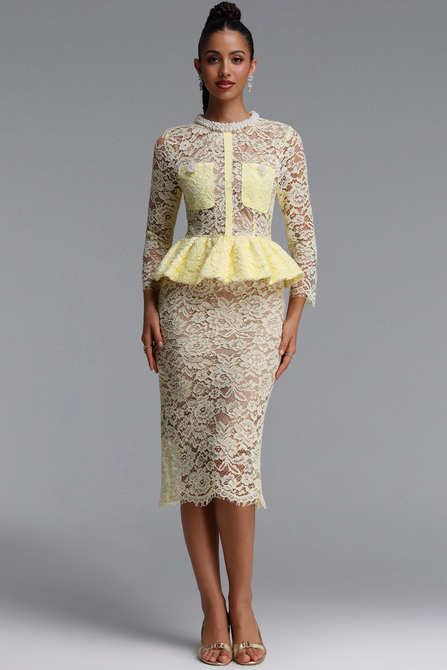 Ierra Romantic Contour Round Neck Long Sleeve Pearl Ruffle Floral Lace Midi Dress