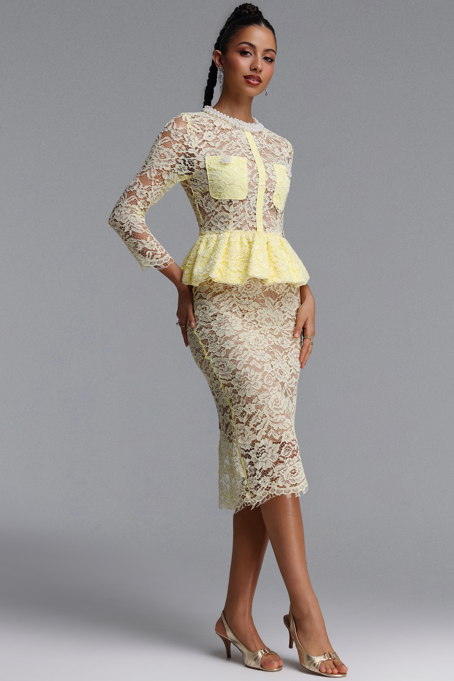 Ierra Romantic Contour Round Neck Long Sleeve Pearl Ruffle Floral Lace Midi Dress