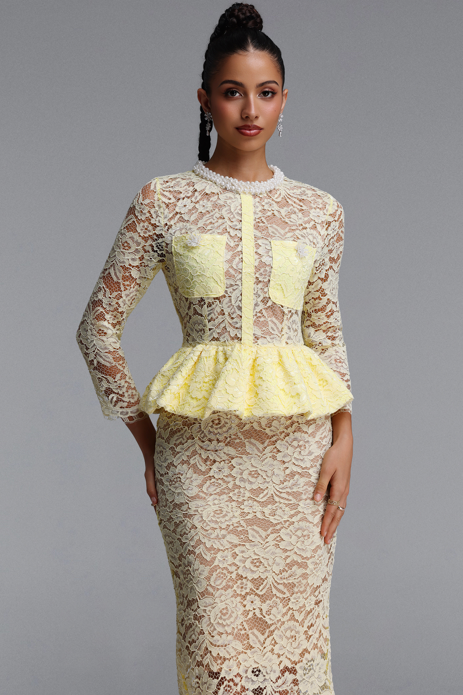 Ierra Romantic Contour Round Neck Long Sleeve Pearl Ruffle Floral Lace Midi Dress