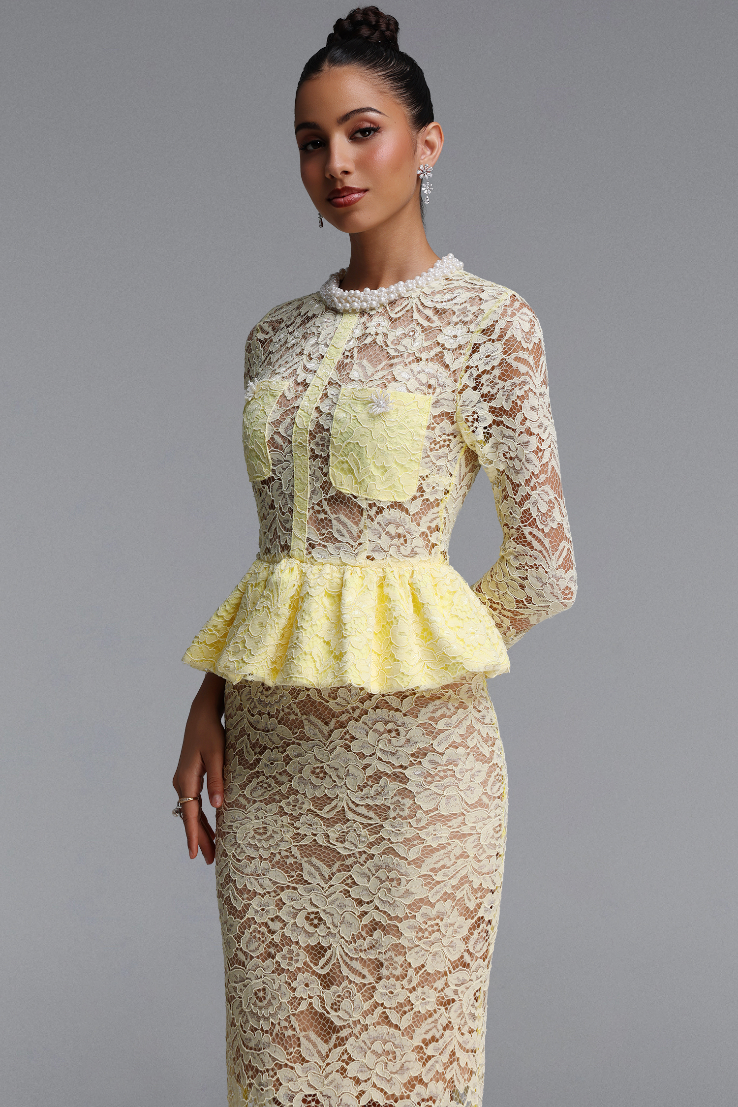 Ierra Romantic Contour Round Neck Long Sleeve Pearl Ruffle Floral Lace Midi Dress