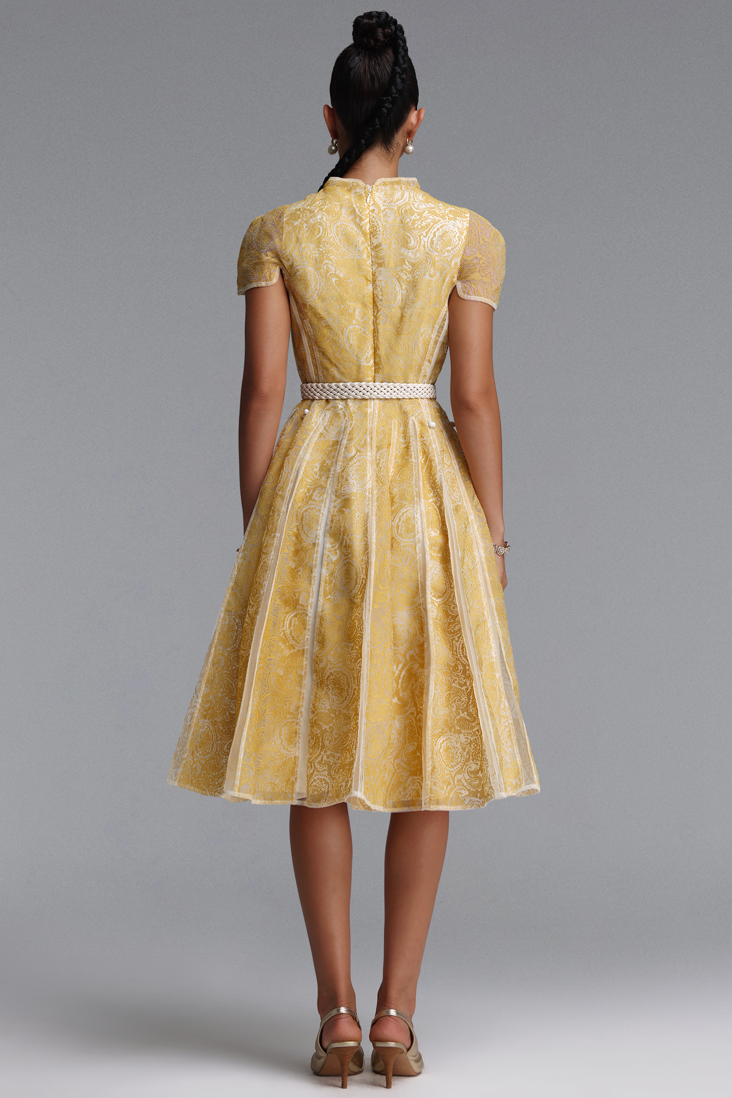 Rosita Elegant Cinched Waist Stand Collar Short‑Sleeve Paisley Woven Maxi Dress