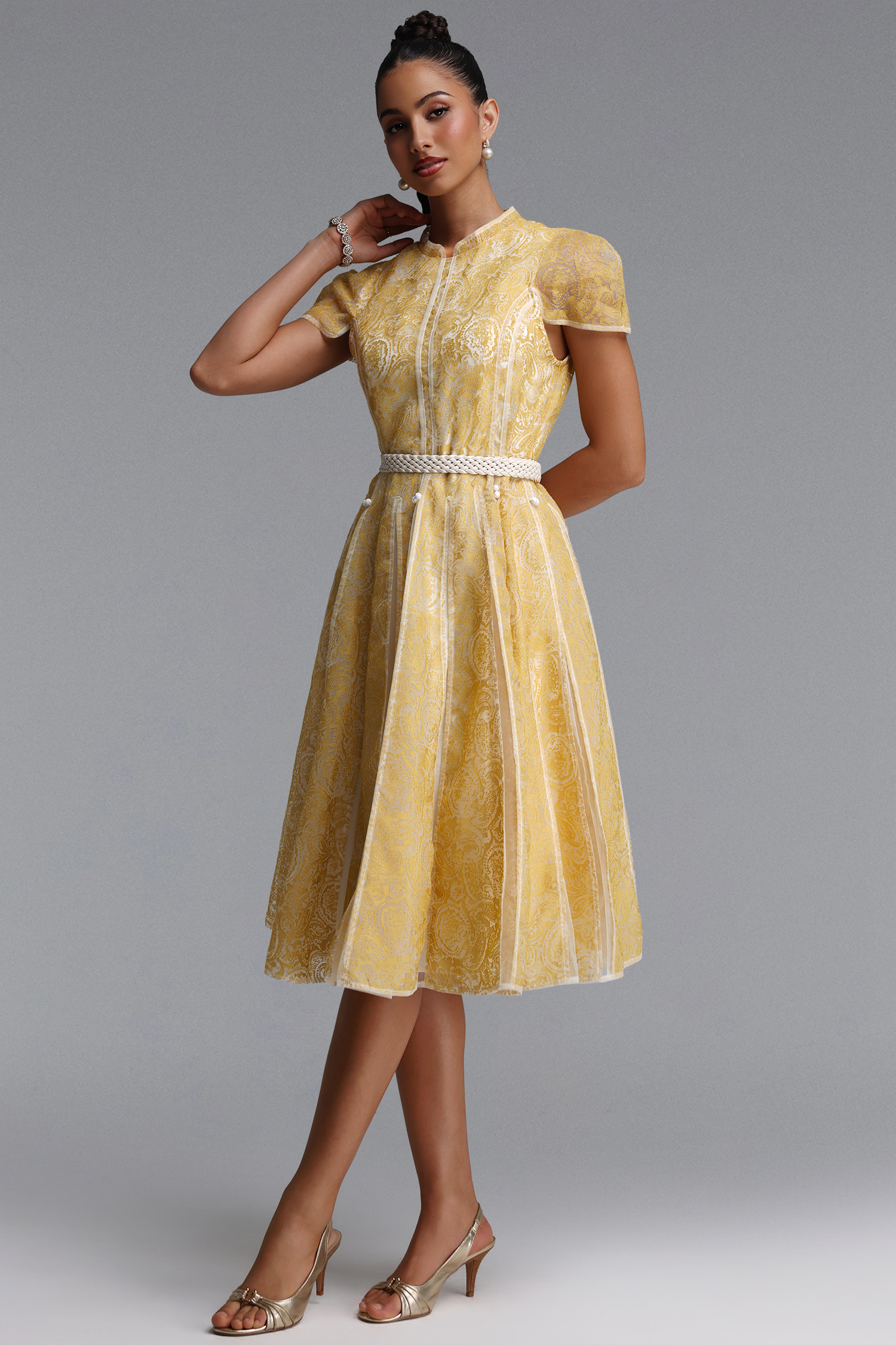 Rosita Elegant Cinched Waist Stand Collar Short‑Sleeve Paisley Woven Maxi Dress