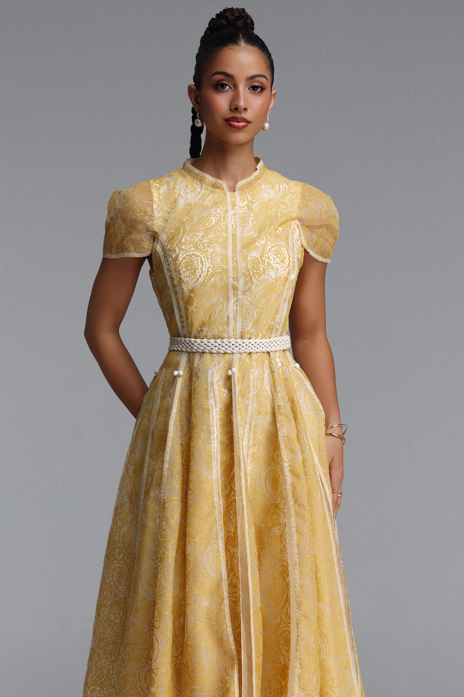 Rosita Elegant Cinched Waist Stand Collar Short‑Sleeve Paisley Woven Maxi Dress