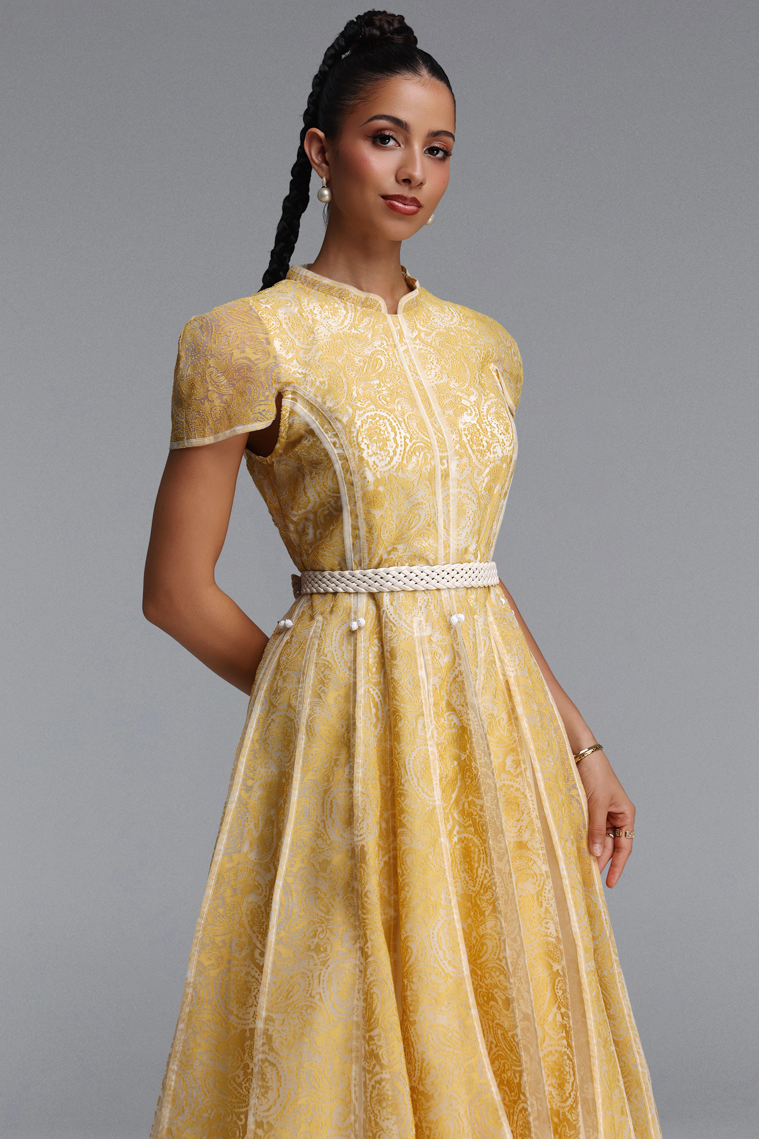 Rosita Elegant Cinched Waist Stand Collar Short‑Sleeve Paisley Woven Maxi Dress
