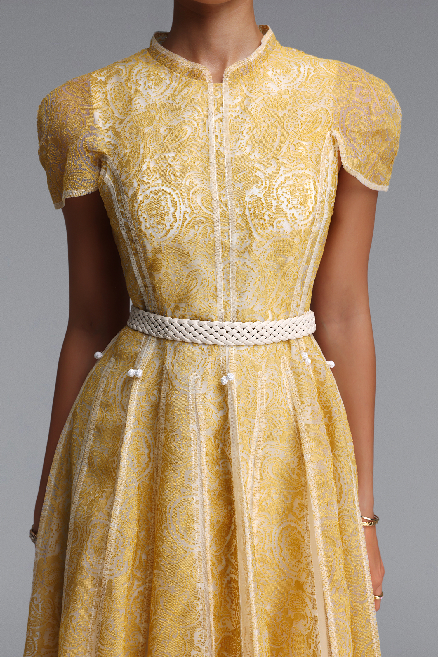 Rosita Elegant Cinched Waist Stand Collar Short‑Sleeve Paisley Woven Maxi Dress