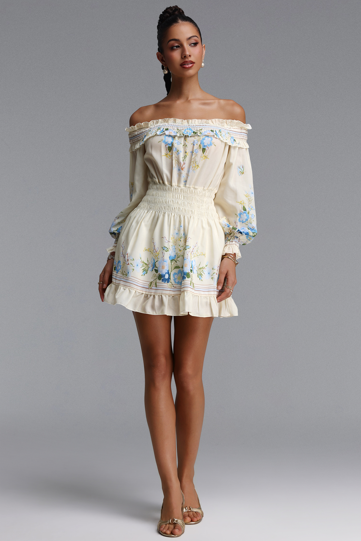 Hakula Romantic Flowy Off Shoulder Floral Print Woven Mini Dress