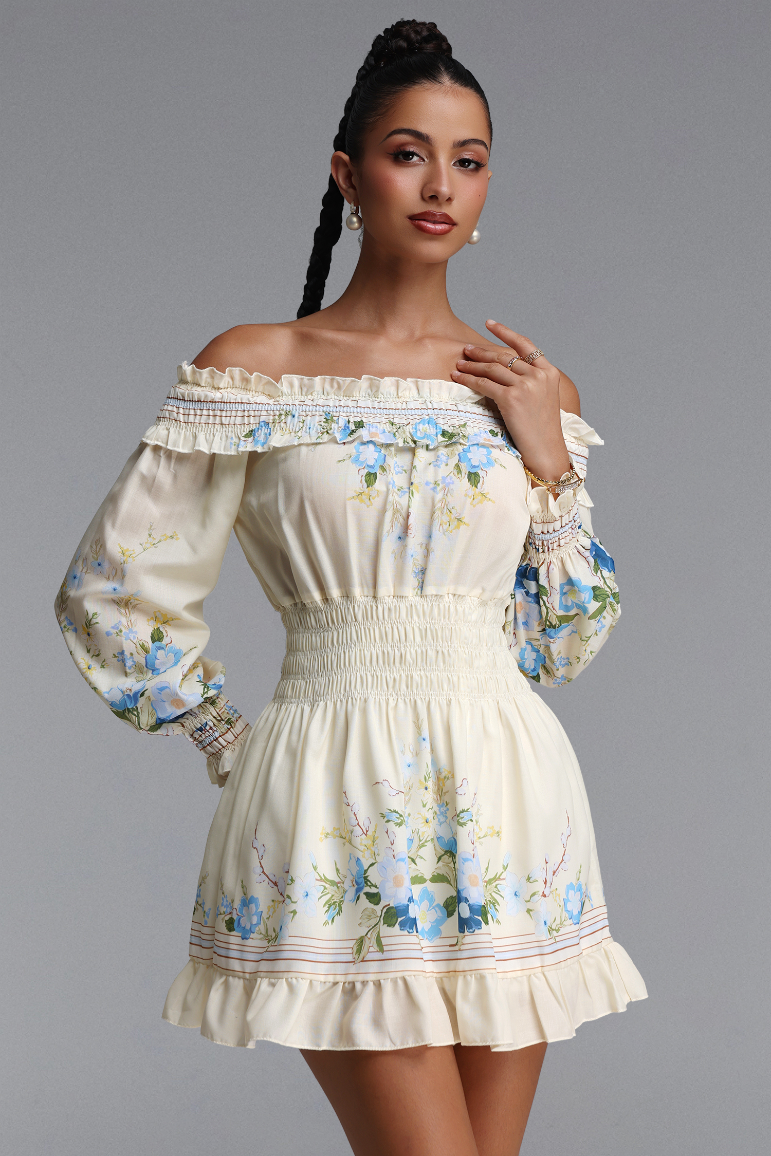 Hakula Romantic Flowy Off Shoulder Floral Print Woven Mini Dress