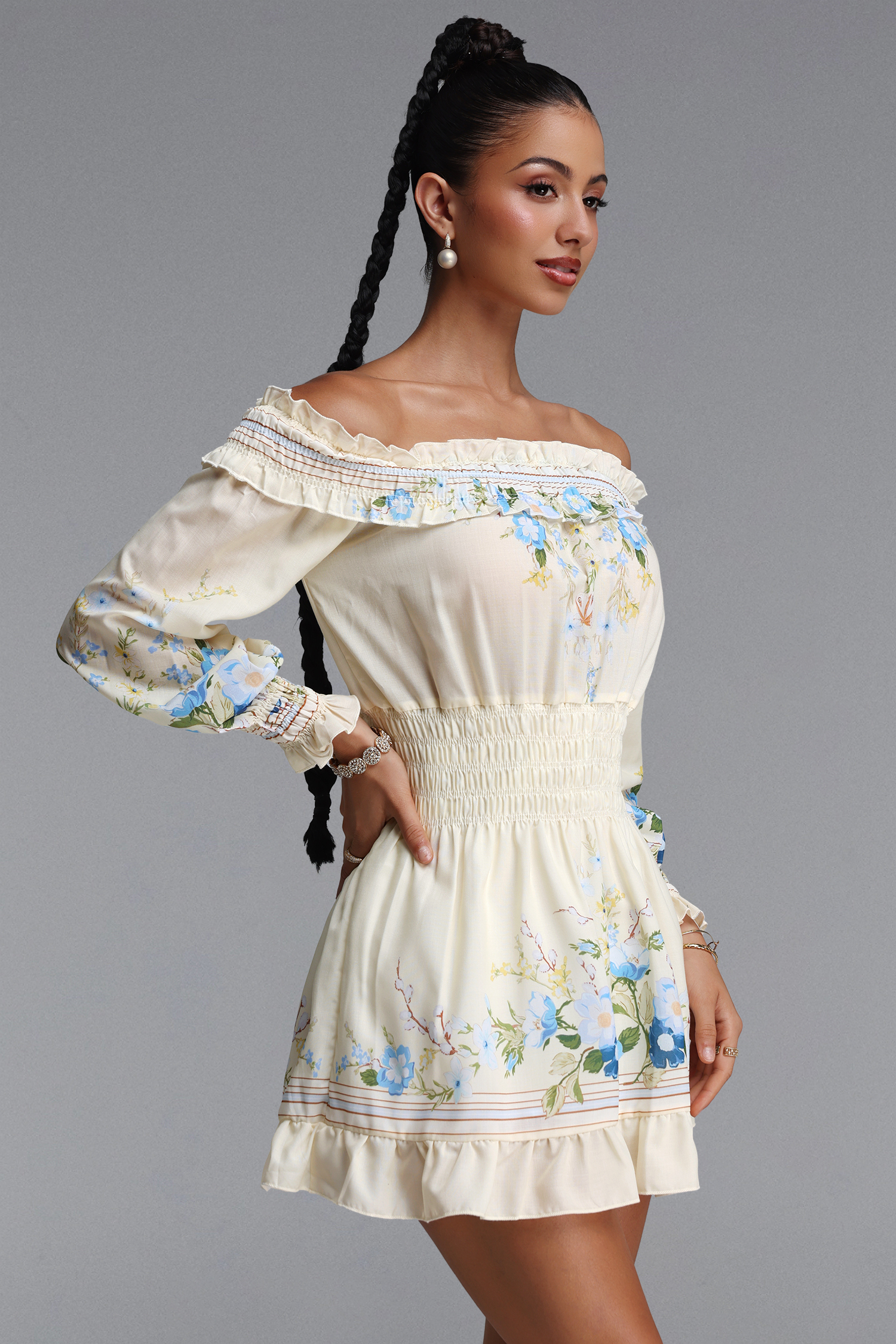 Hakula Romantic Flowy Off Shoulder Floral Print Woven Mini Dress