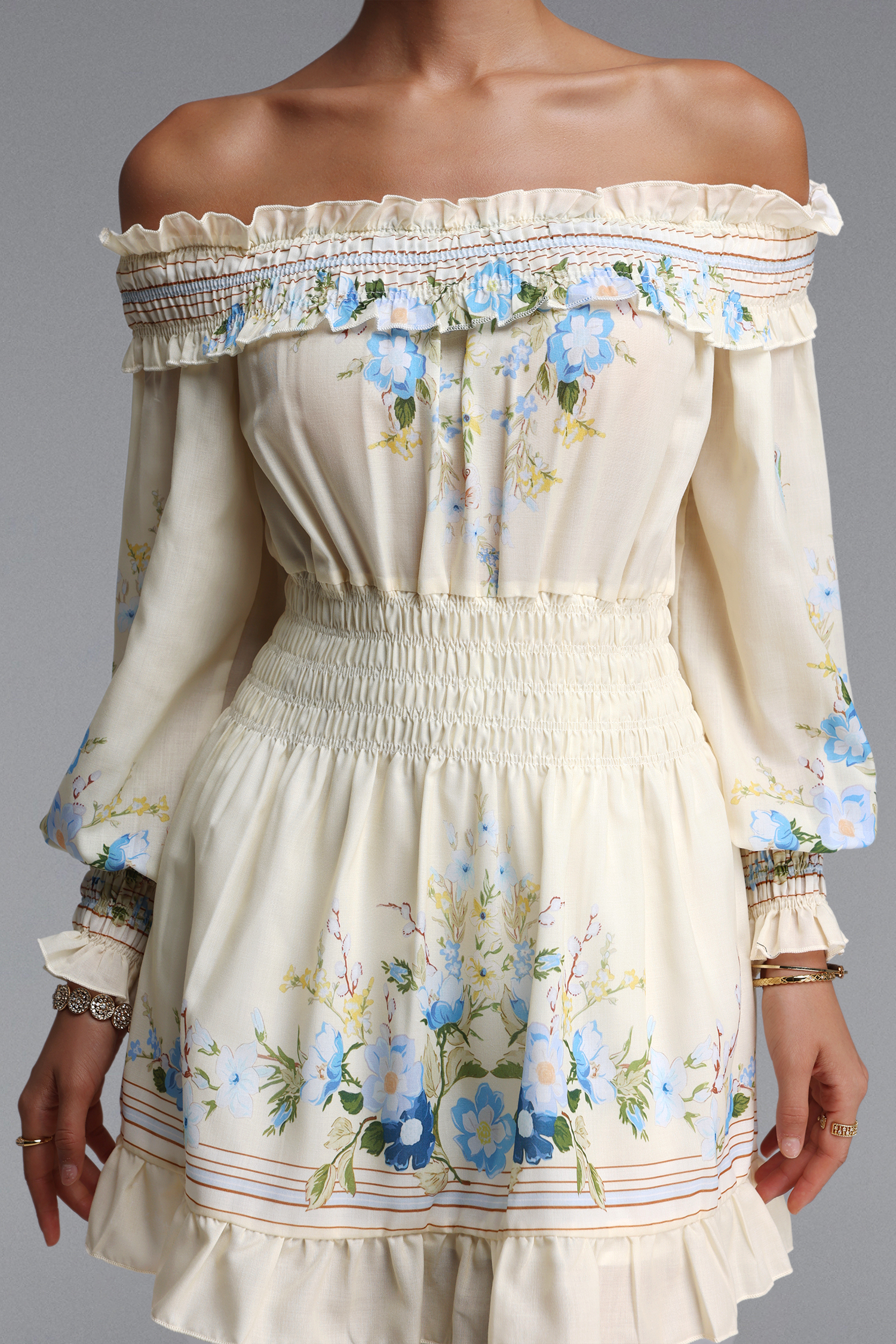 Hakula Romantic Flowy Off Shoulder Floral Print Woven Mini Dress
