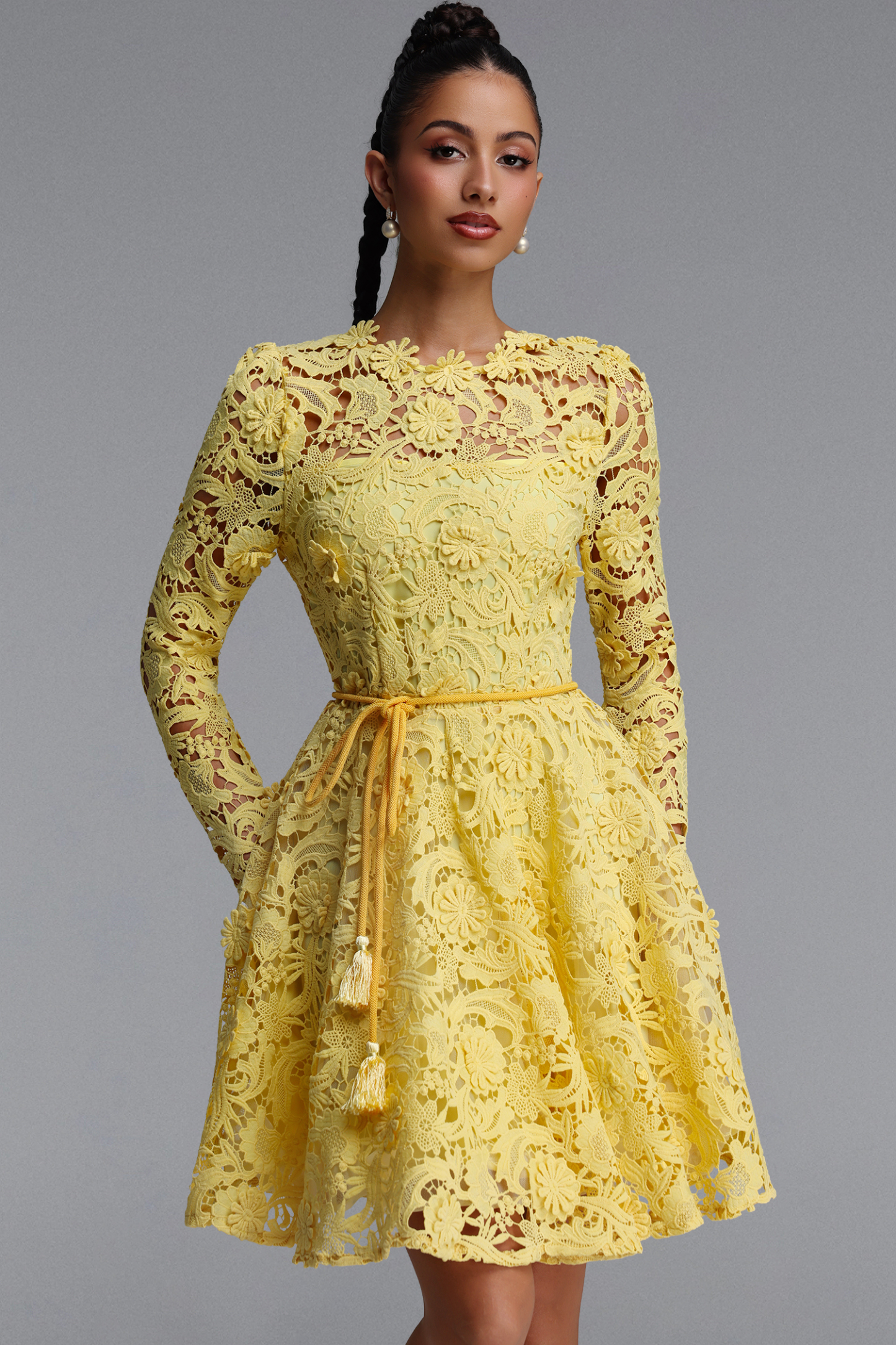 ANDRESD lettering lace dress イエロー Emmeline Romantic Tailored Long Sleeve Floral Lace Mini Dress