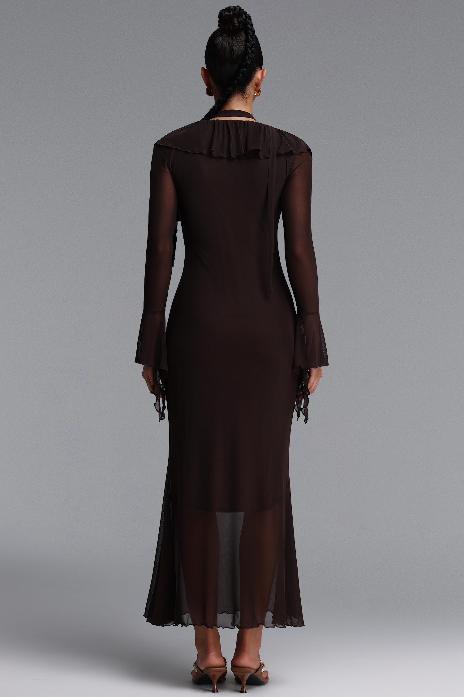 Ymire Romantic Contour Long Sleeve Ruffle Mesh Maxi Dress