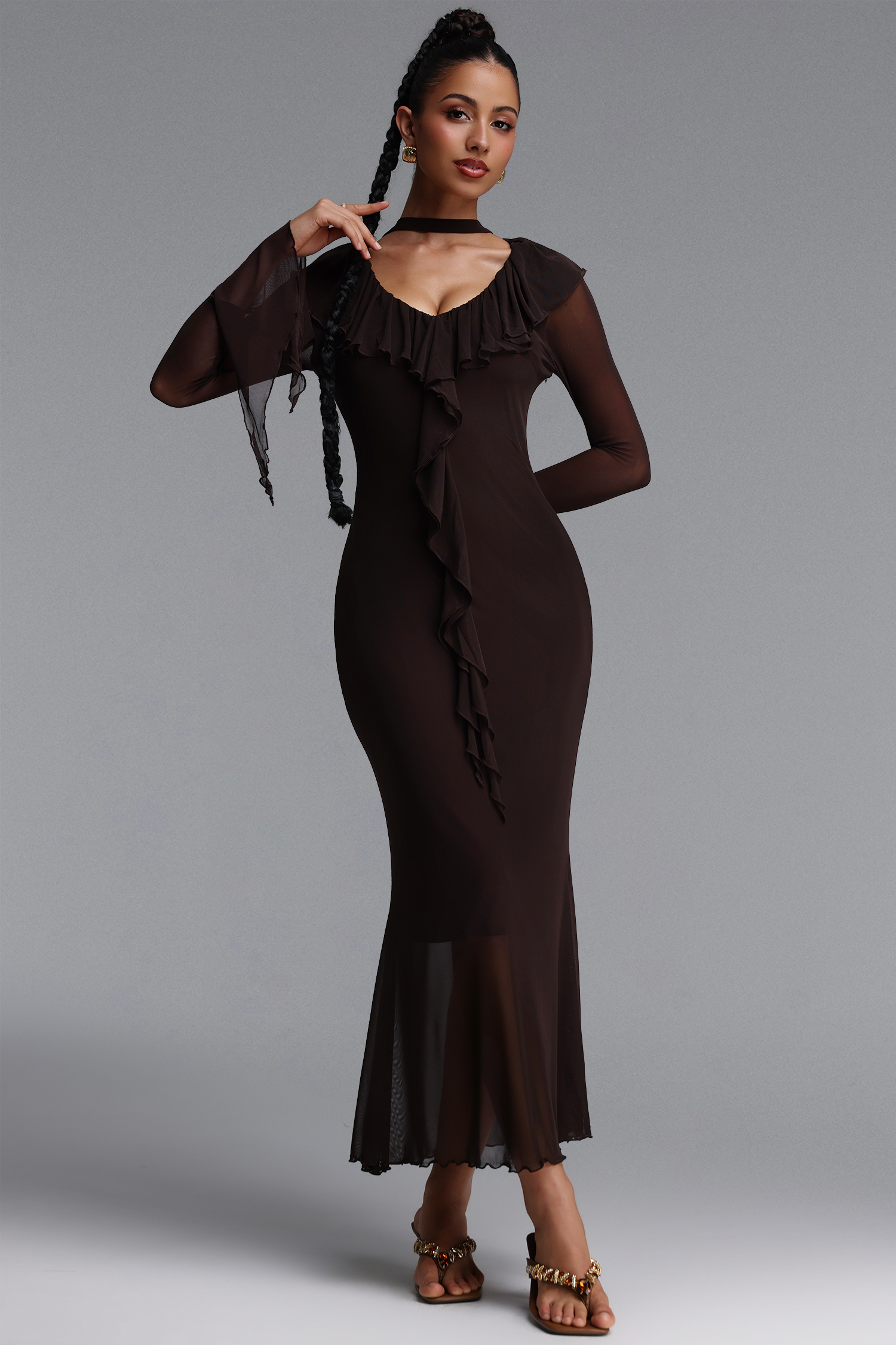 Ymire Romantic Contour Long Sleeve Ruffle Mesh Maxi Dress
