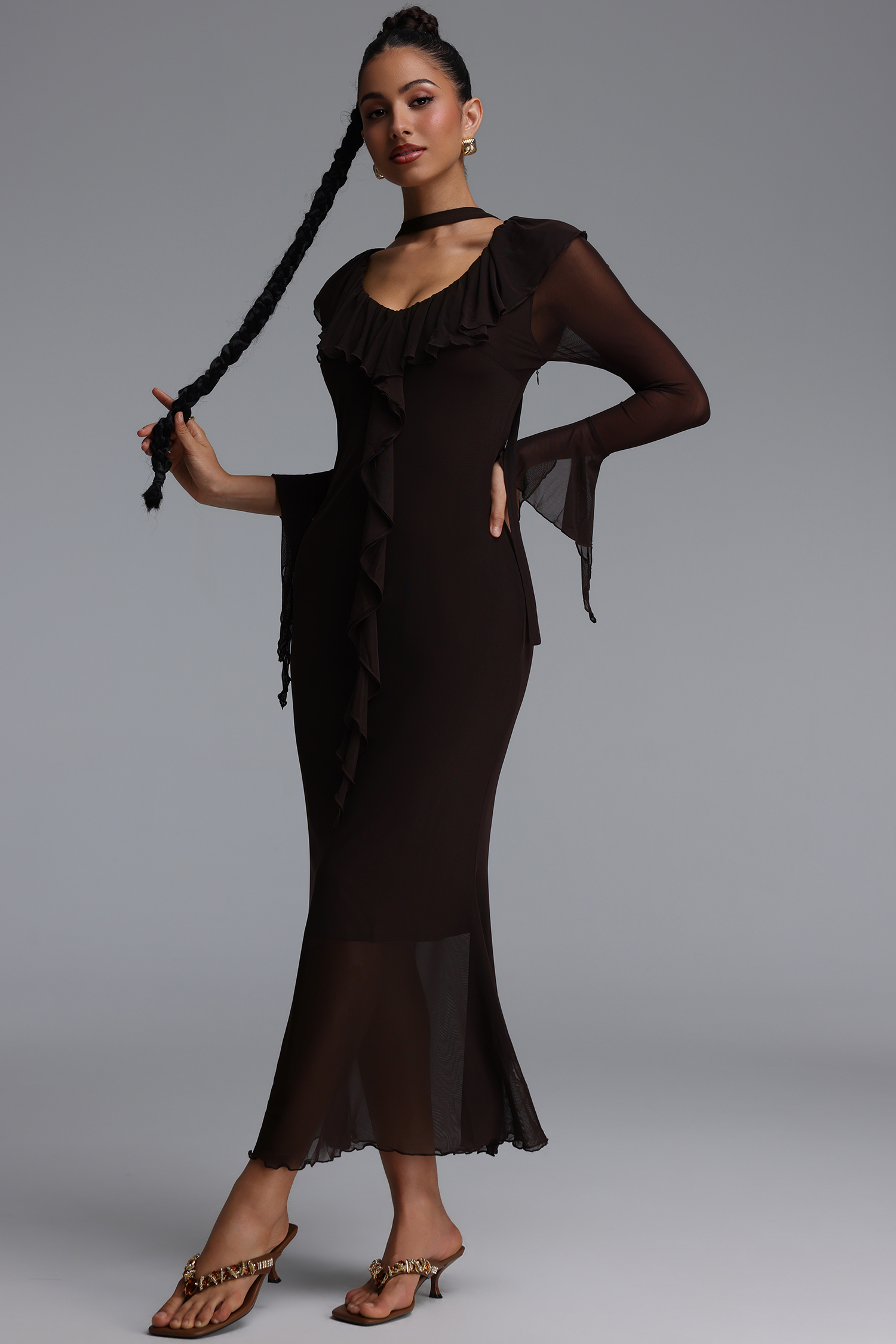 Ymire Romantic Contour Long Sleeve Ruffle Mesh Maxi Dress