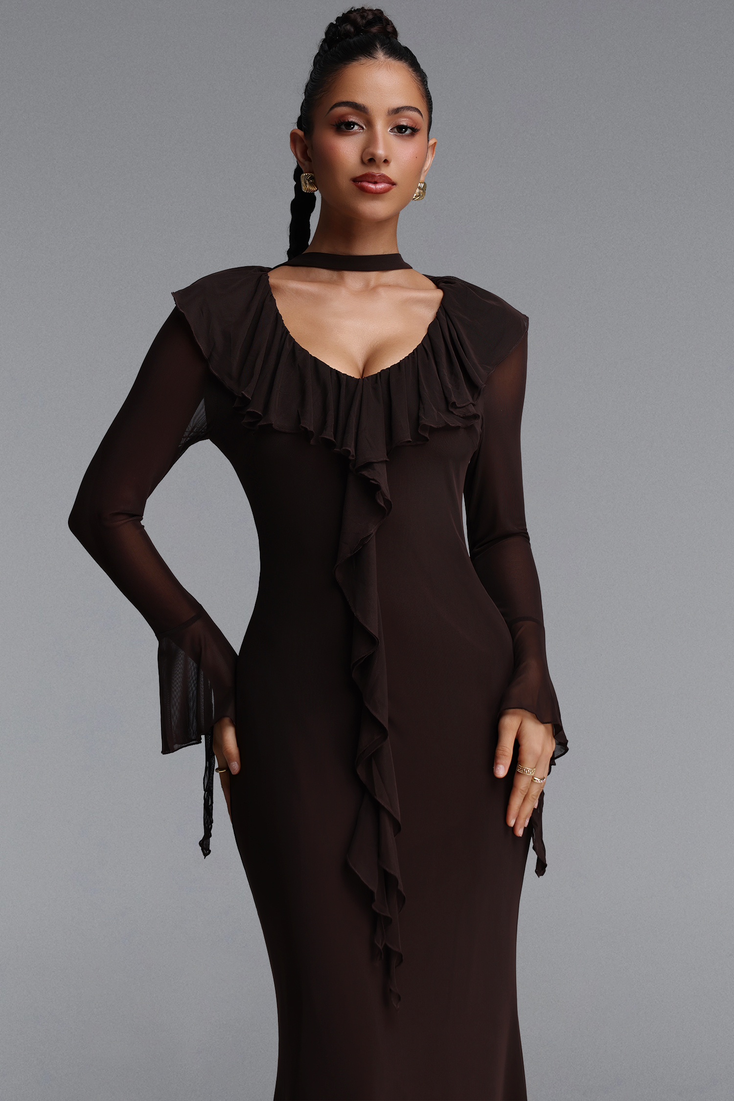 Ymire Romantic Contour Long Sleeve Ruffle Mesh Maxi Dress