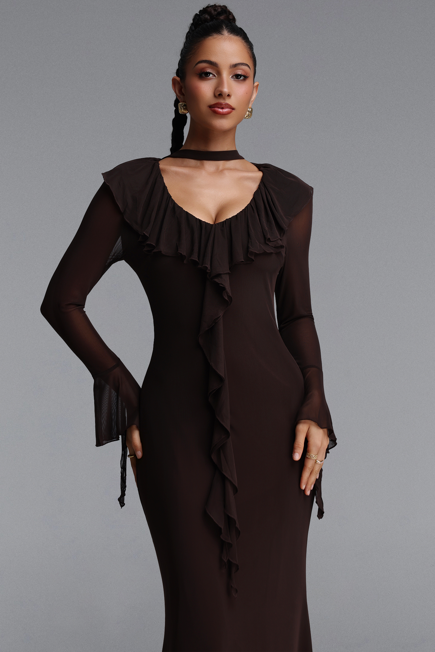 Ymire Romantic Contour Long Sleeve Ruffle Mesh Maxi Dress