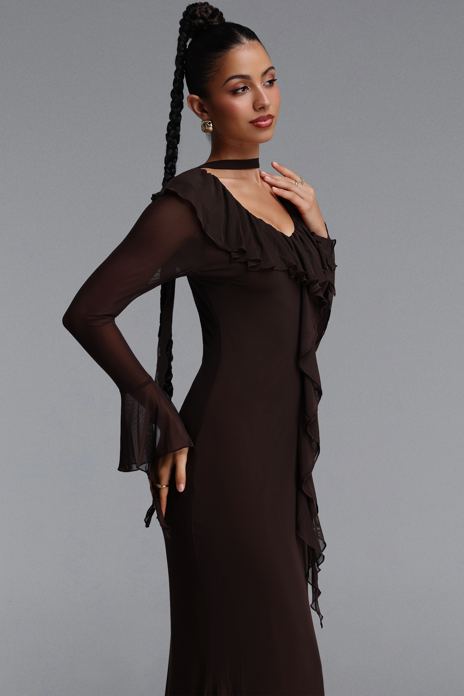 Ymire Romantic Contour Long Sleeve Ruffle Mesh Maxi Dress