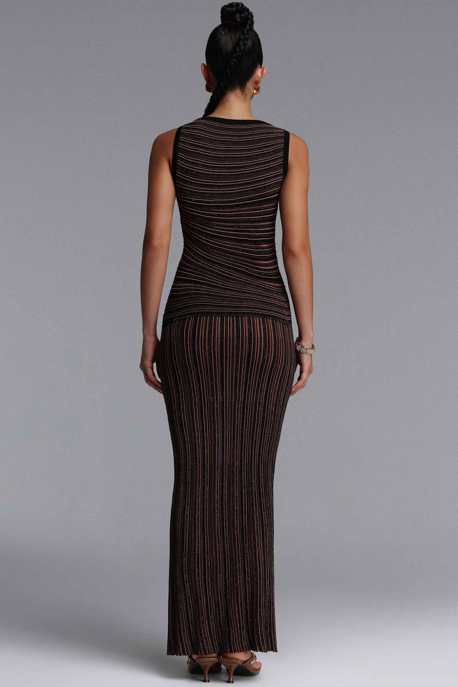 Katja Romantic Contour Round Neck Sleeveless Striped Knit Top and Skirt Two Piece Set