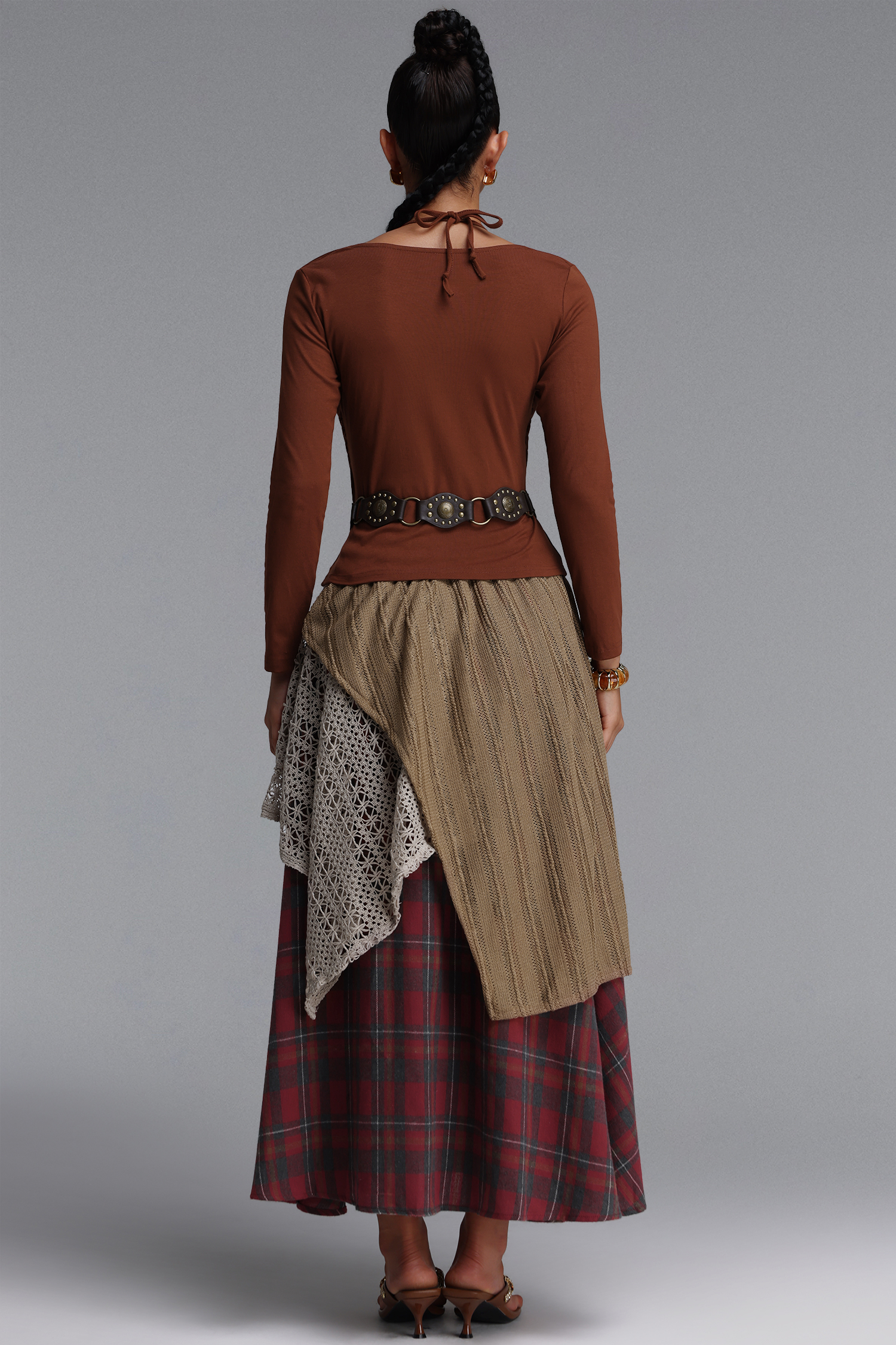 Saoirse Chic Cinched Plaid Knit Long Sleeve Lace Trimmed Top and Skirt Two Piece Set