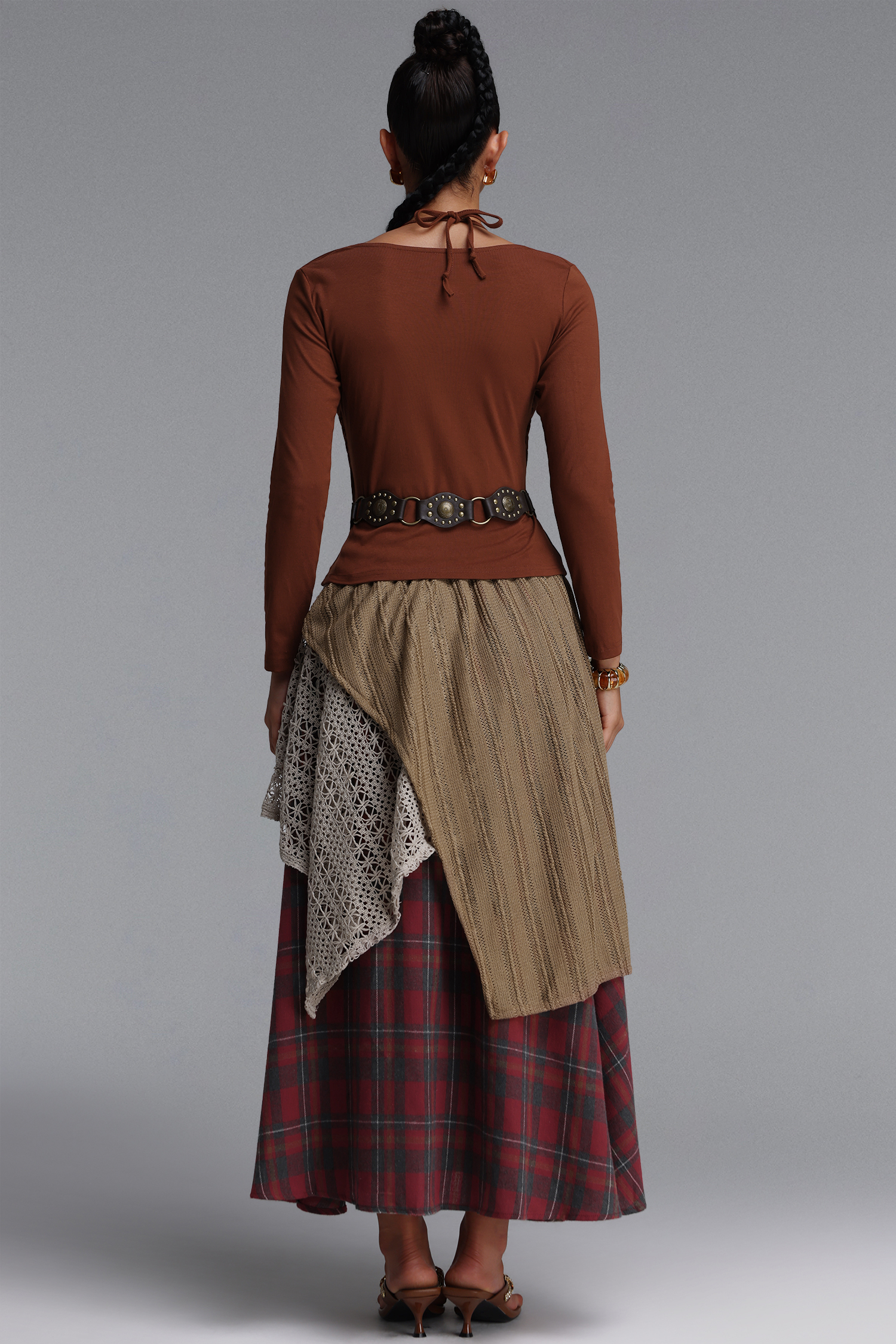 Saoirse Chic Cinched Plaid Knit Long Sleeve Lace Trimmed Top and Skirt Two Piece Set
