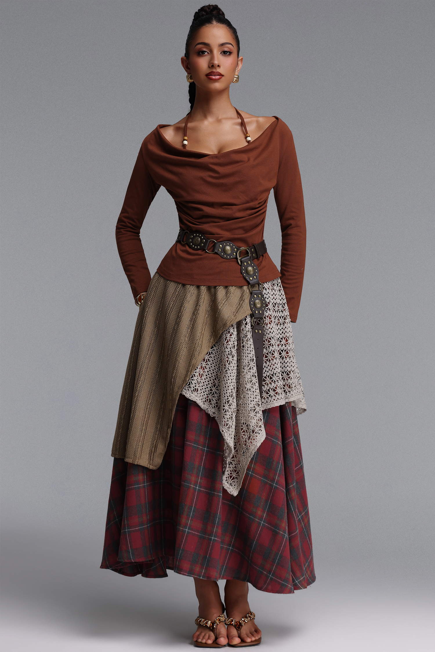 Saoirse Chic Cinched Plaid Knit Long Sleeve Lace Trimmed Top and Skirt Two Piece Set