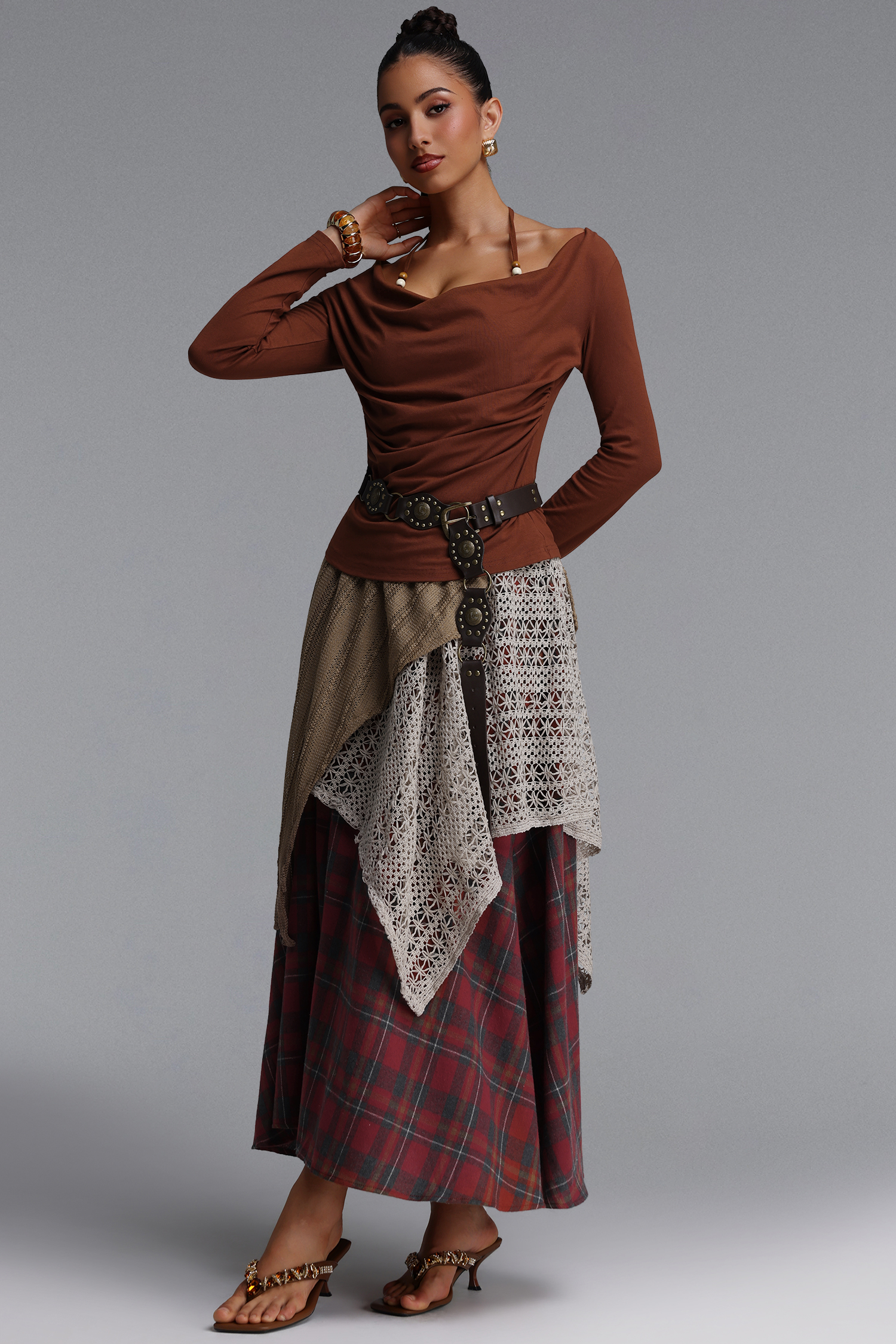 Saoirse Chic Cinched Plaid Knit Long Sleeve Lace Trimmed Top and Skirt Two Piece Set