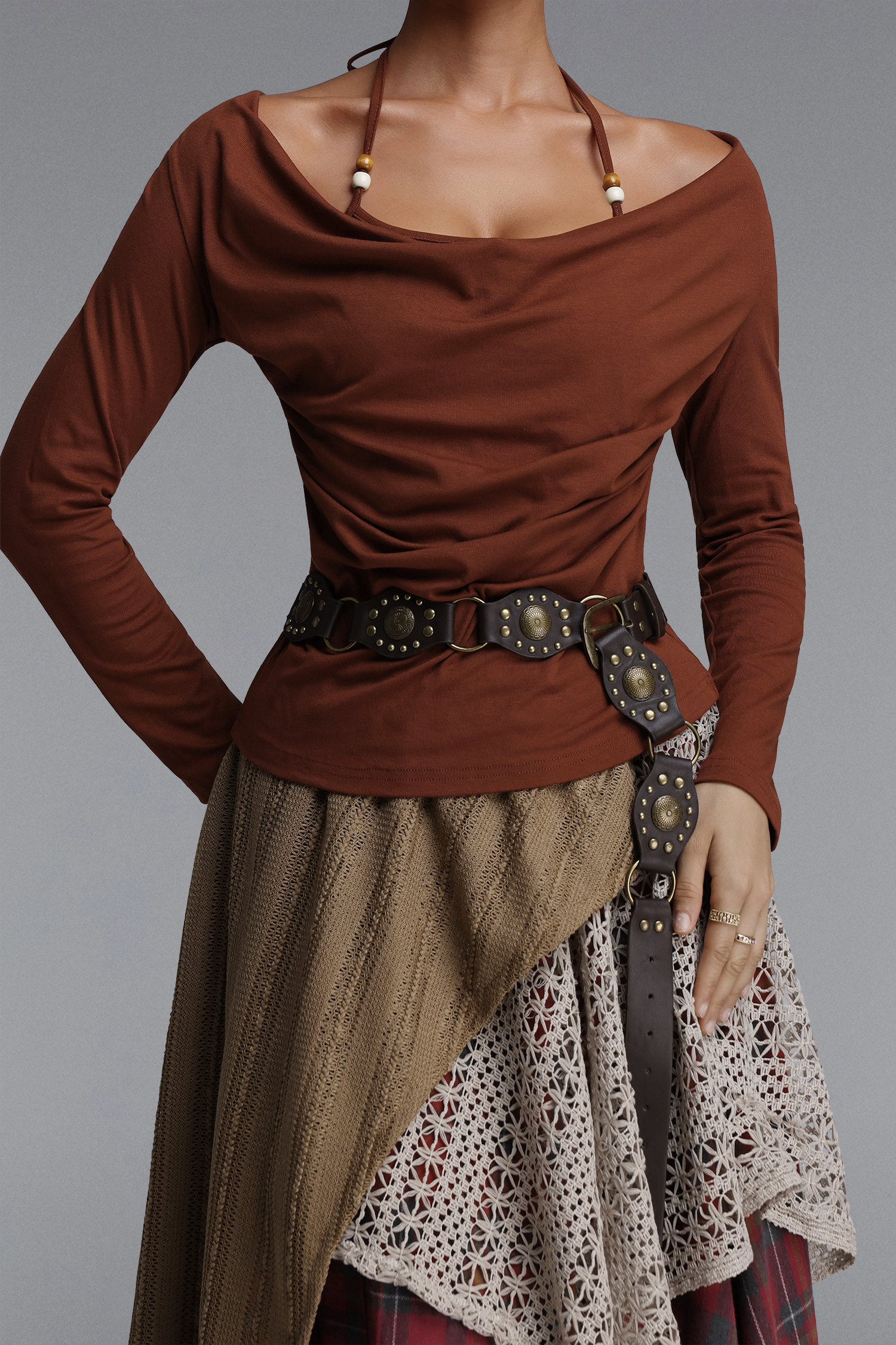 Saoirse Chic Cinched Plaid Knit Long Sleeve Lace Trimmed Top and Skirt Two Piece Set