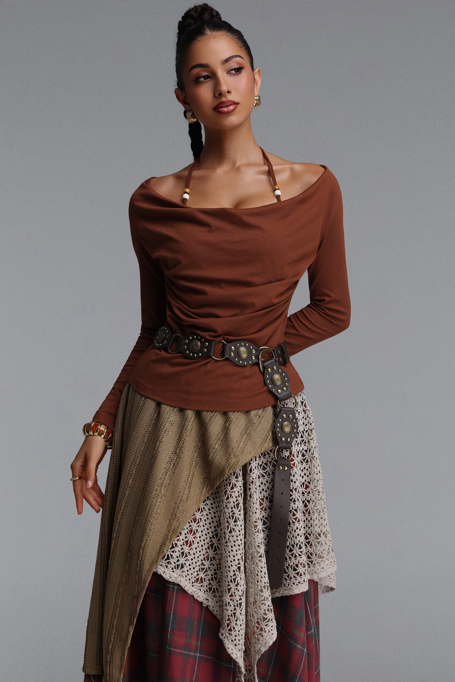 Saoirse Chic Cinched Plaid Knit Long Sleeve Lace Trimmed Top and Skirt Two Piece Set