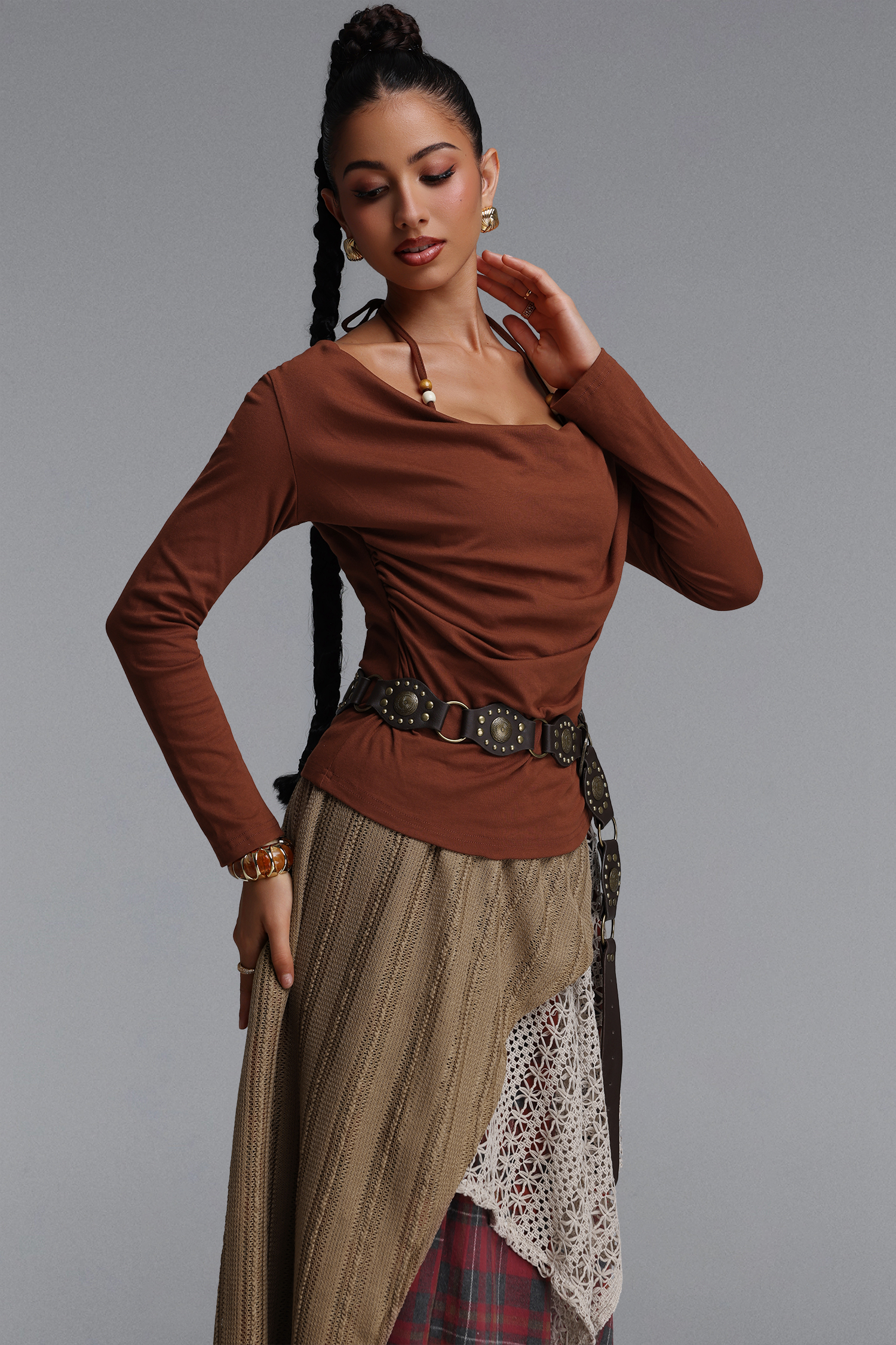 Saoirse Chic Cinched Plaid Knit Long Sleeve Lace Trimmed Top and Skirt Two Piece Set