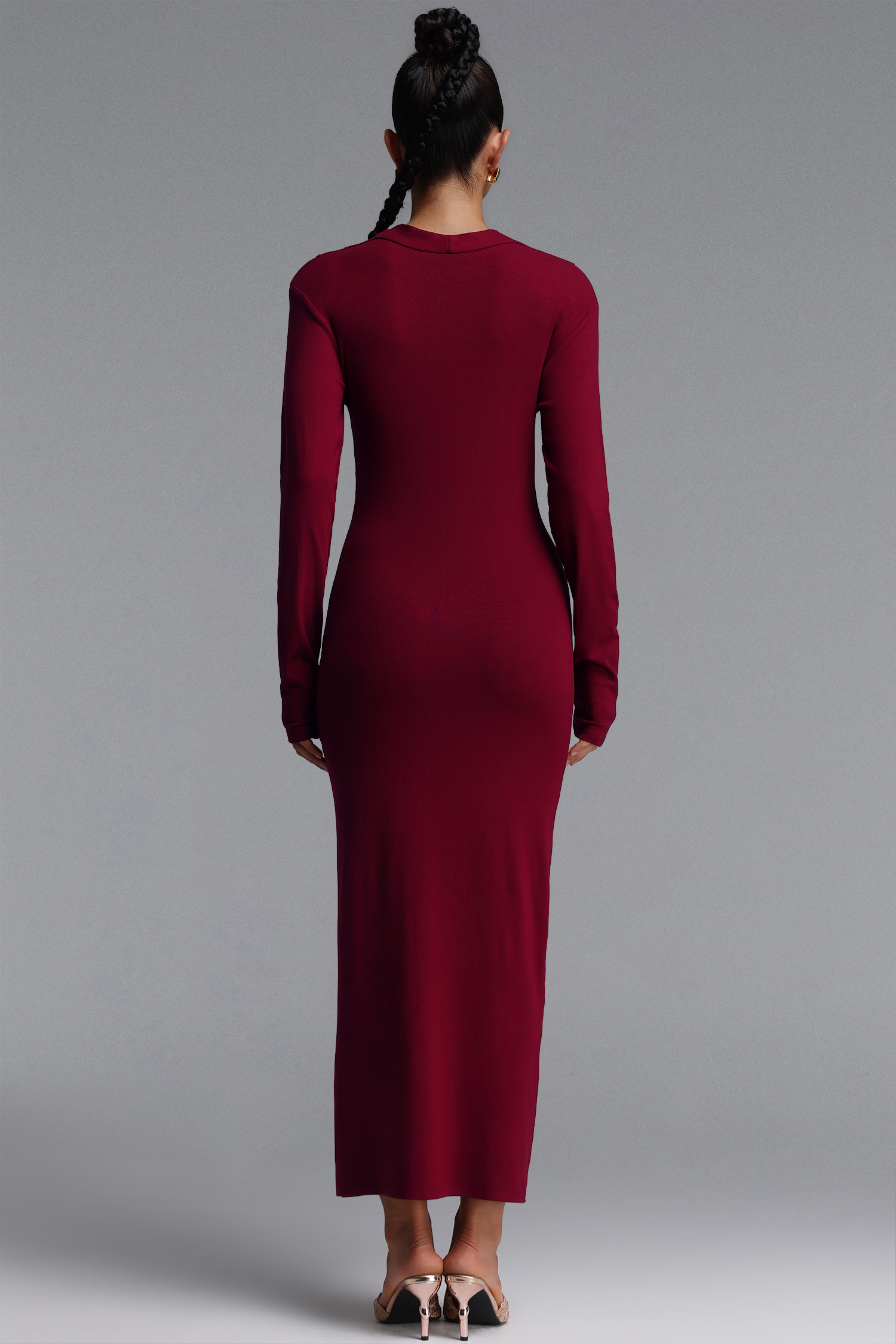 Geri Deep V‑neck Long Sleeve Front Twist Knot Slit Knit Maxi Dress