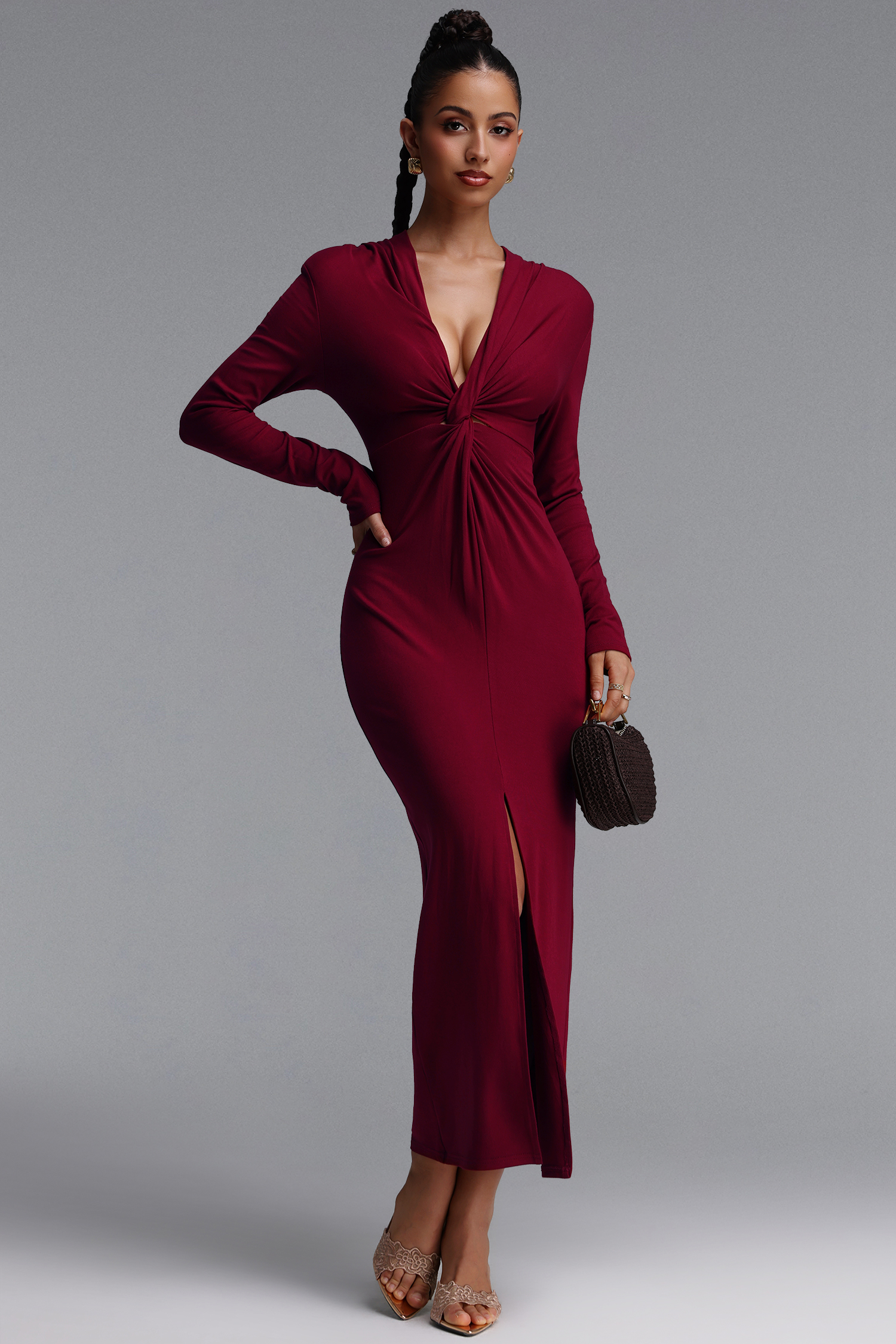 Geri Deep V‑neck Long Sleeve Front Twist Knot Slit Knit Maxi Dress