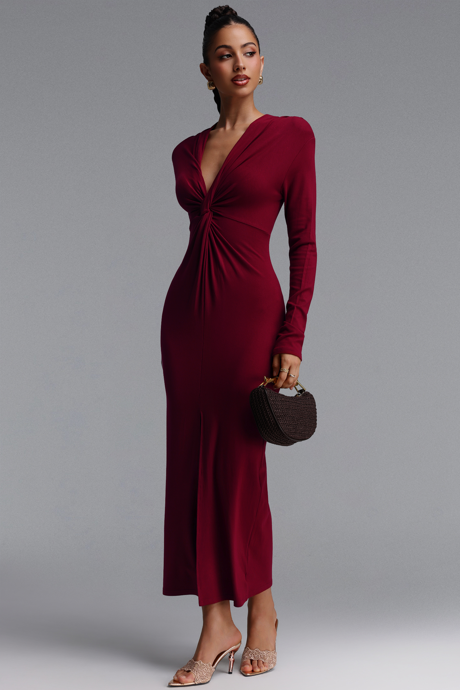 Geri Deep V‑neck Long Sleeve Front Twist Knot Slit Knit Maxi Dress