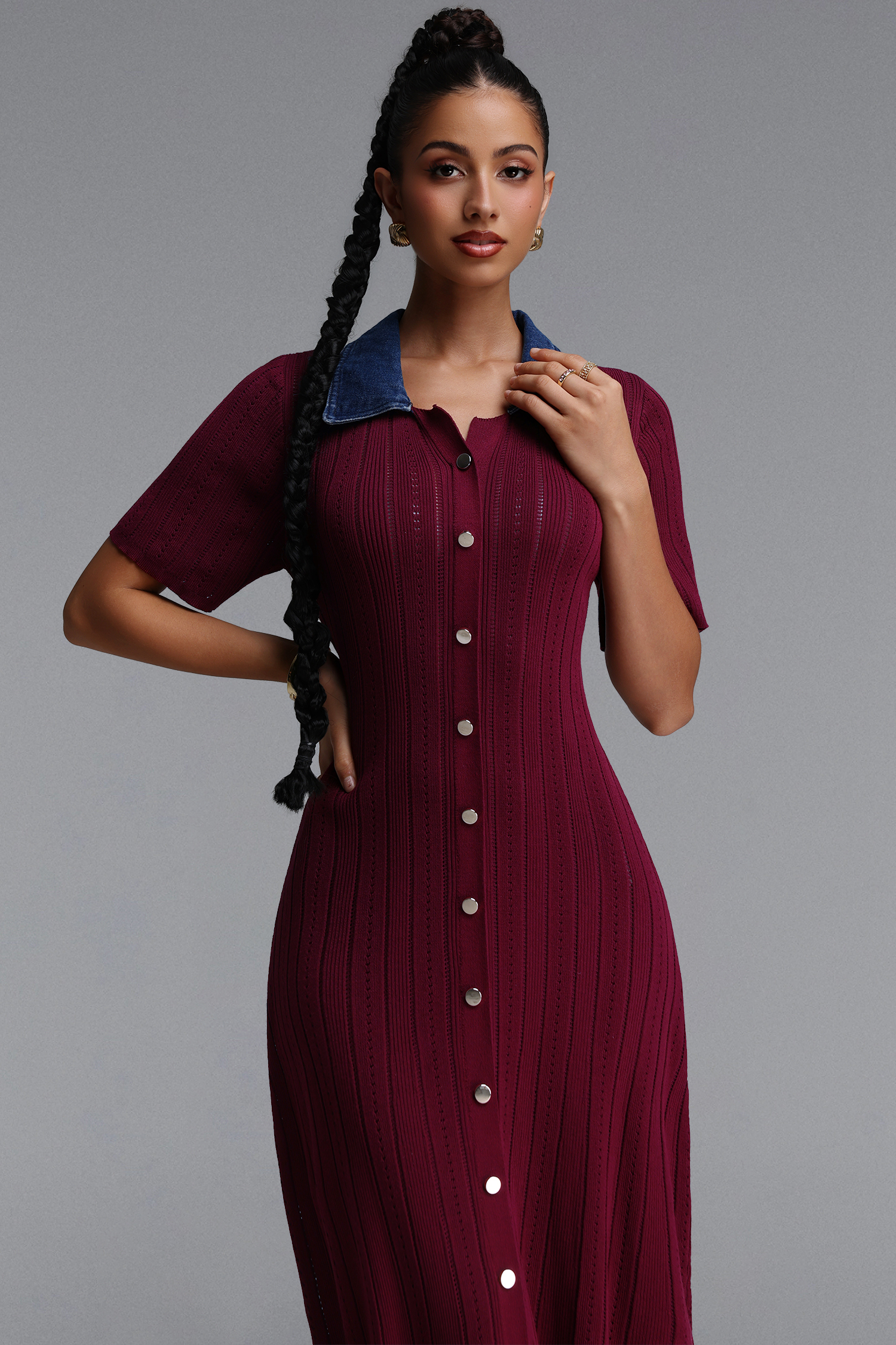 Vivian Elegant Contour Short Sleeve Knit Maxi Dress