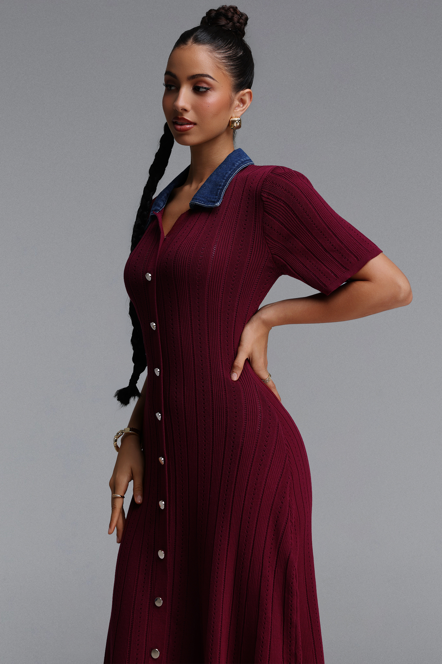 Vivian Elegant Contour Short Sleeve Knit Maxi Dress