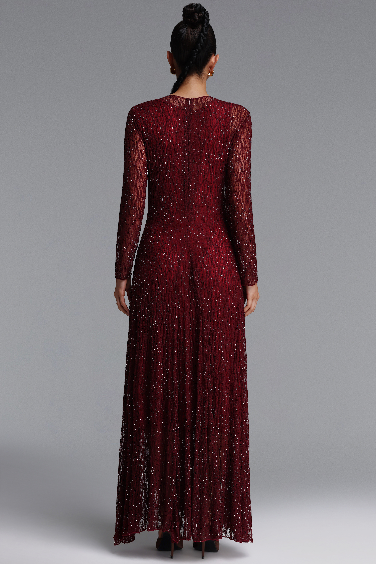 Taylor Elegant Contour Long Sleeve Diamond Draped Lace Red Maxi Dress