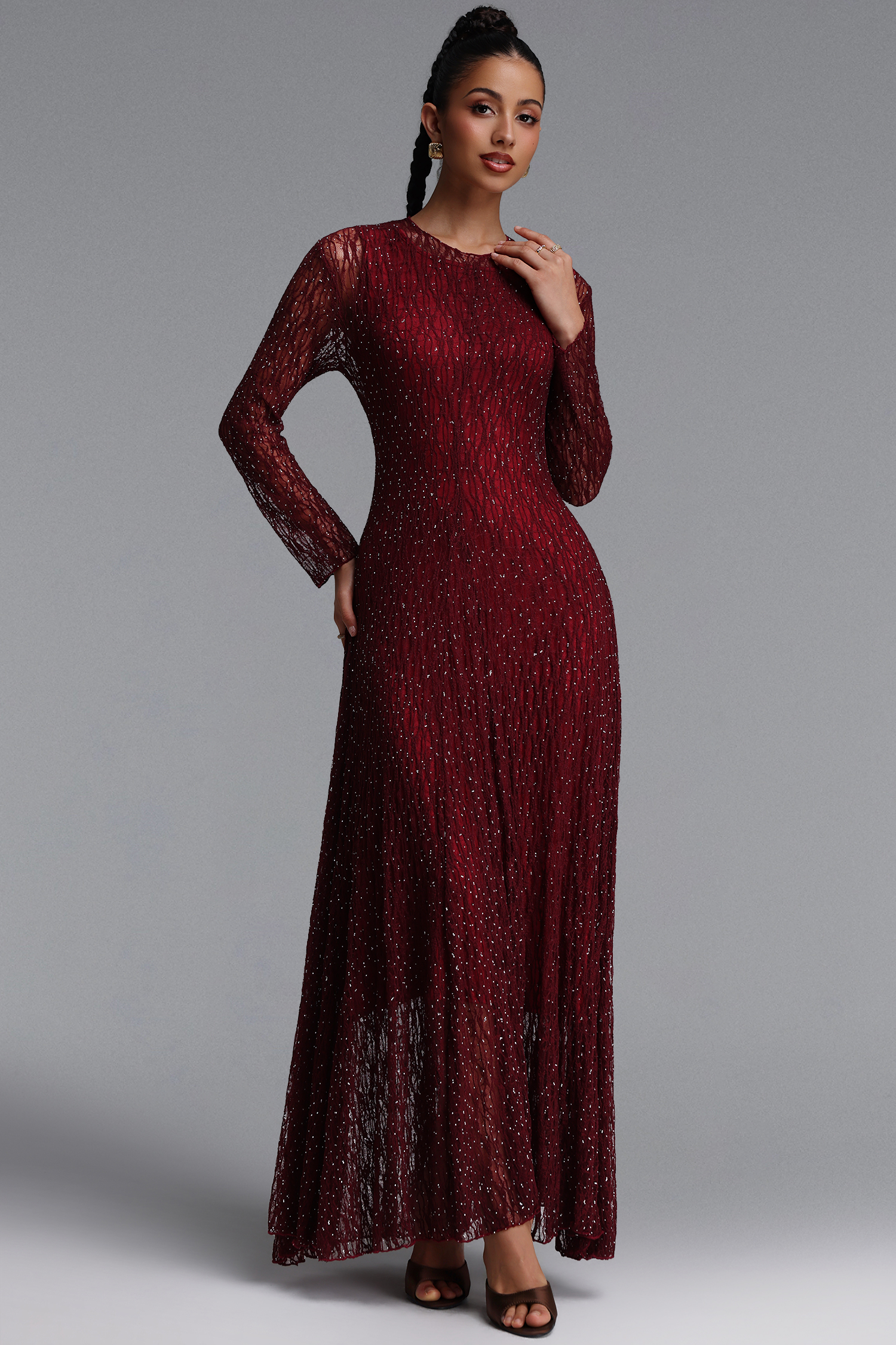 Taylor Elegant Contour Long Sleeve Diamond Draped Lace Red Maxi Dress