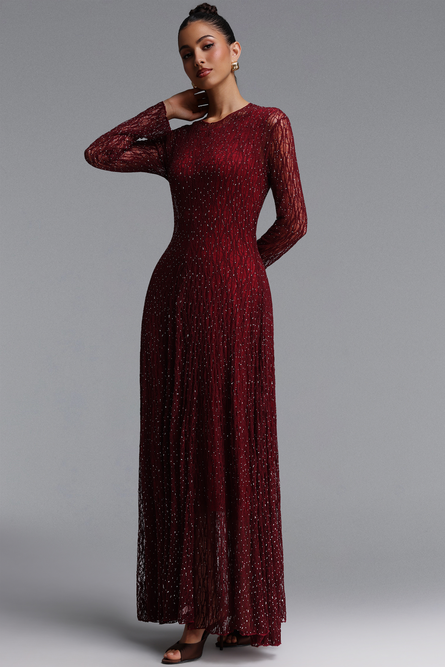 Taylor Elegant Contour Long Sleeve Diamond Draped Lace Red Maxi Dress