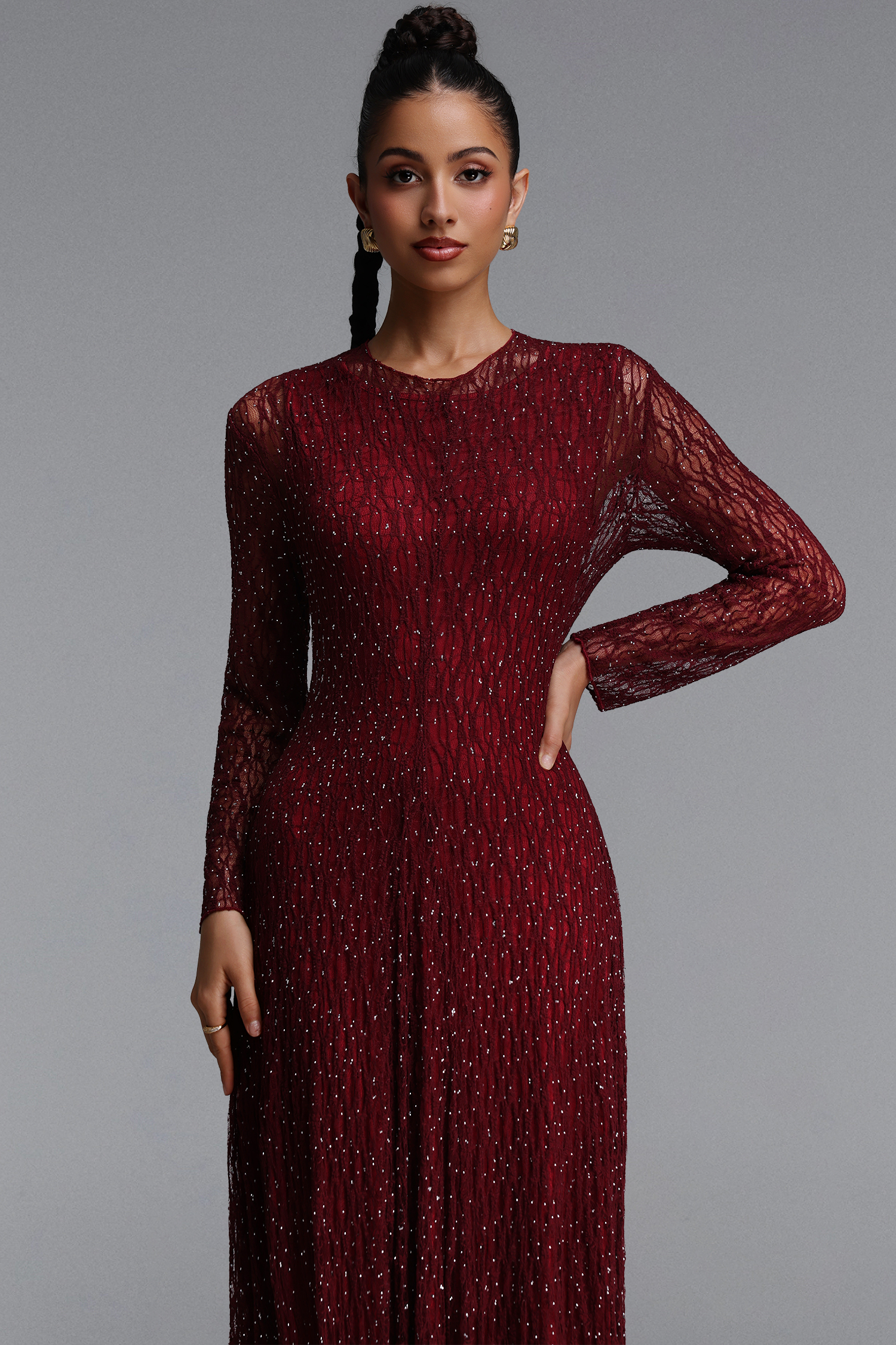 Taylor Elegant Contour Long Sleeve Diamond Draped Lace Red Maxi Dress