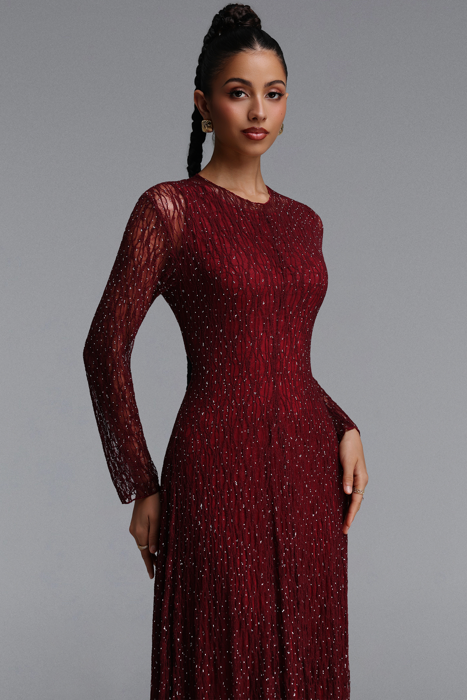 Taylor Elegant Contour Long Sleeve Diamond Draped Lace Red Maxi Dress